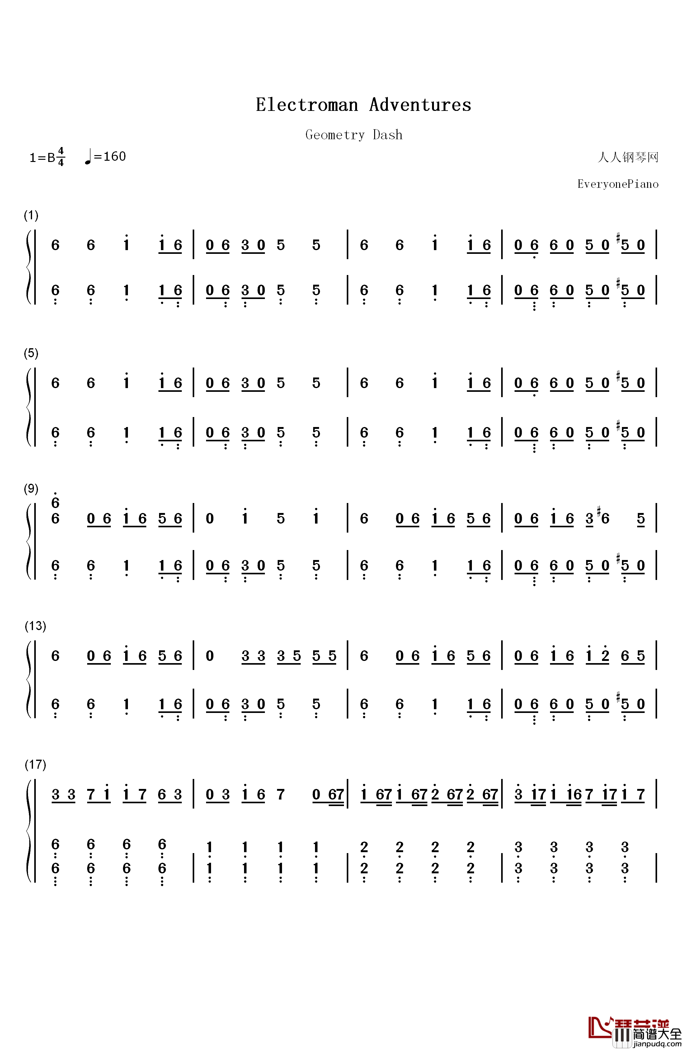 Electroman_Adventures钢琴简谱_数字双手_Geometry_Dash