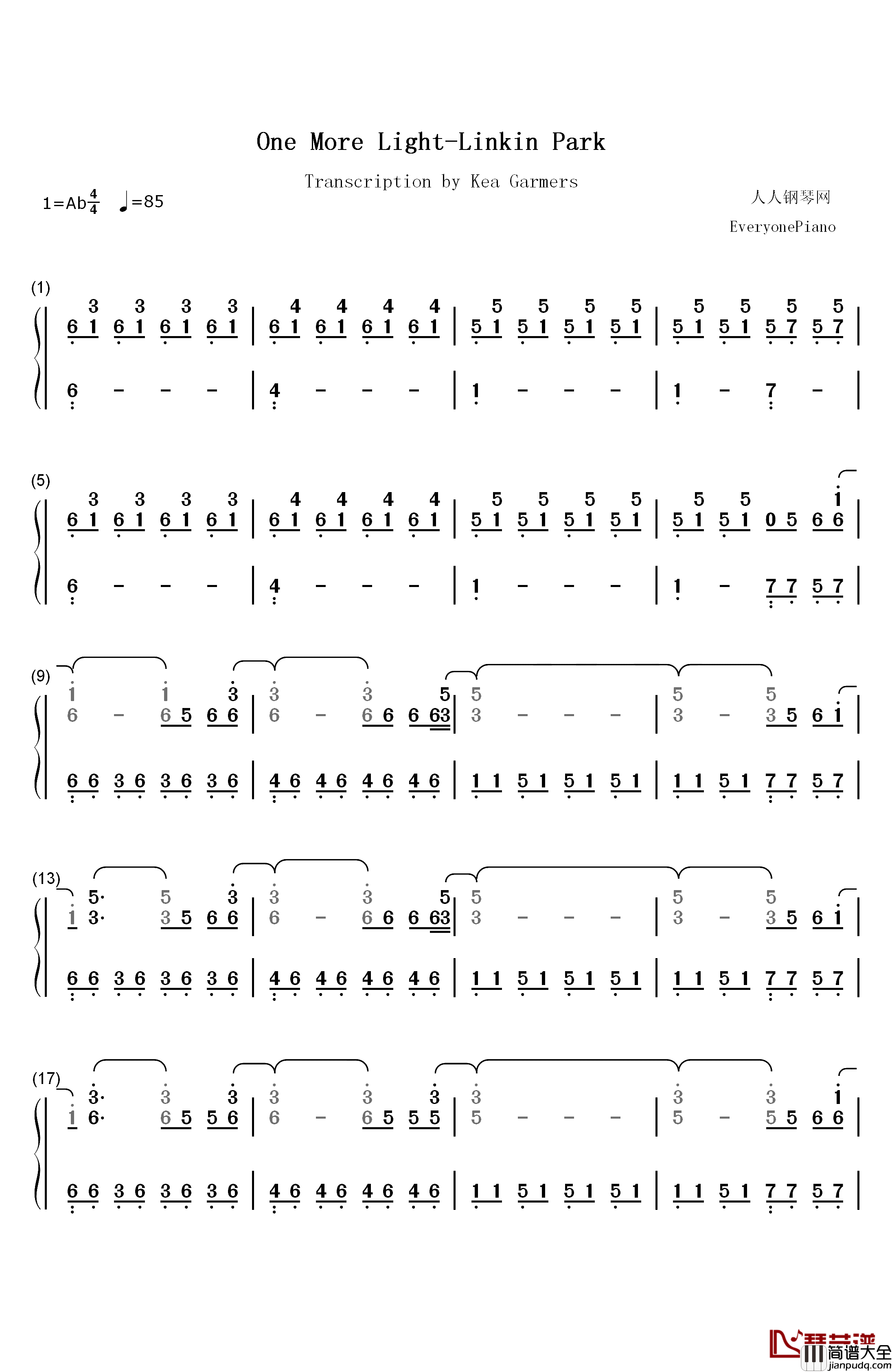 One_More_Light钢琴简谱_数字双手_Linkin_Park