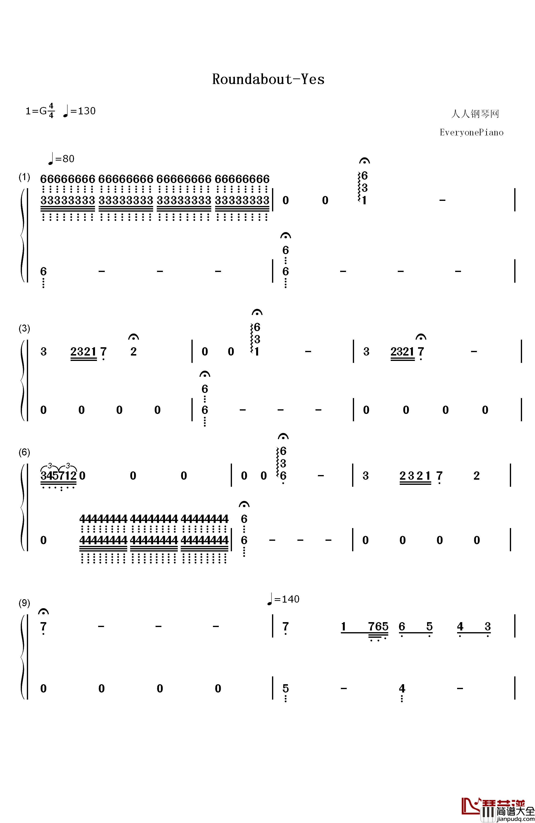 Roundabout钢琴简谱_数字双手_Yes