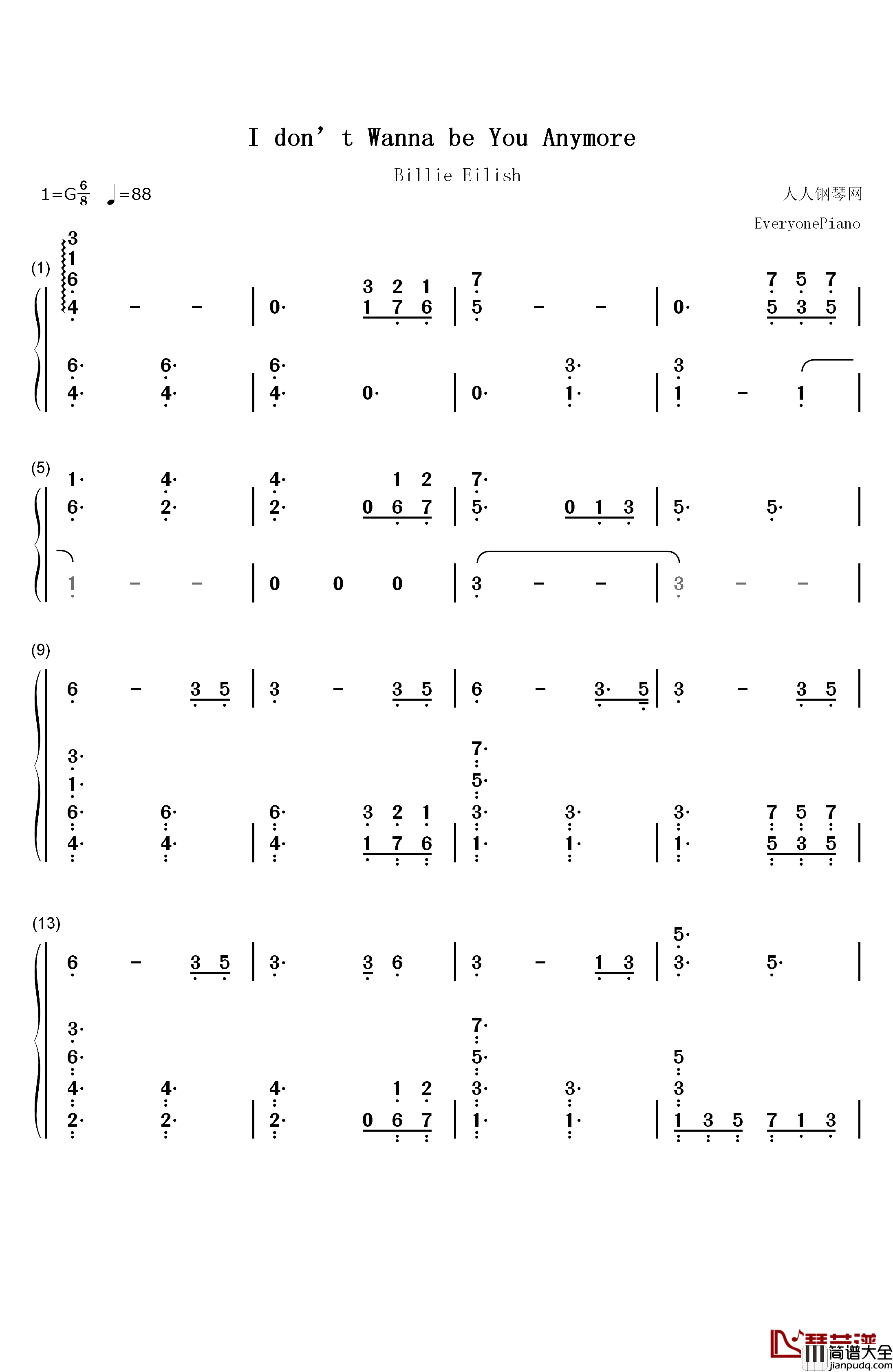 Idontwannabeyouanymore钢琴简谱_数字双手_Billie_Eilish