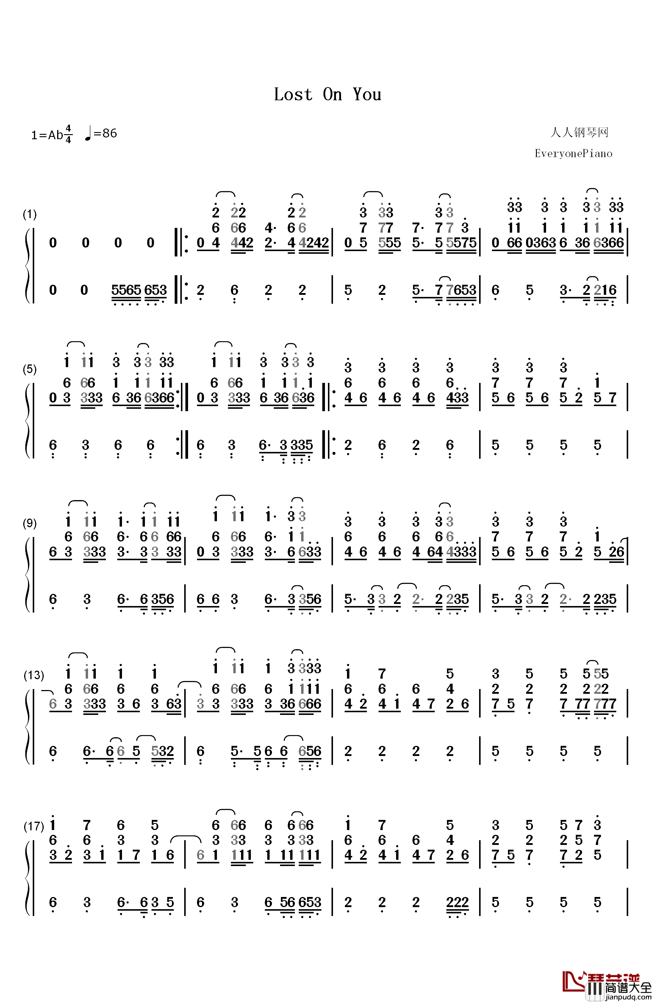 Lost_on_You钢琴简谱_数字双手_LP