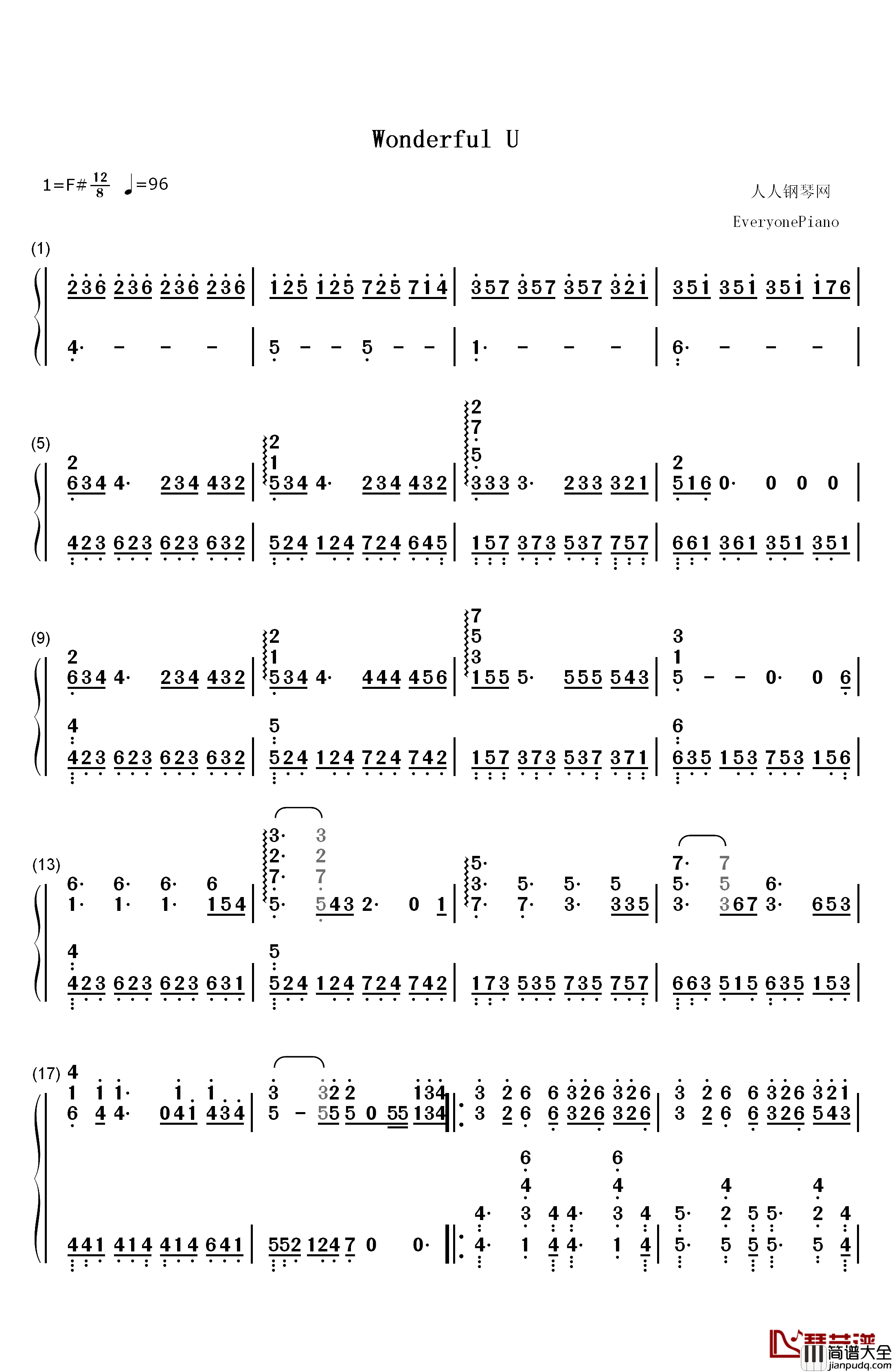 Wonderful_U钢琴简谱_数字双手_AGA