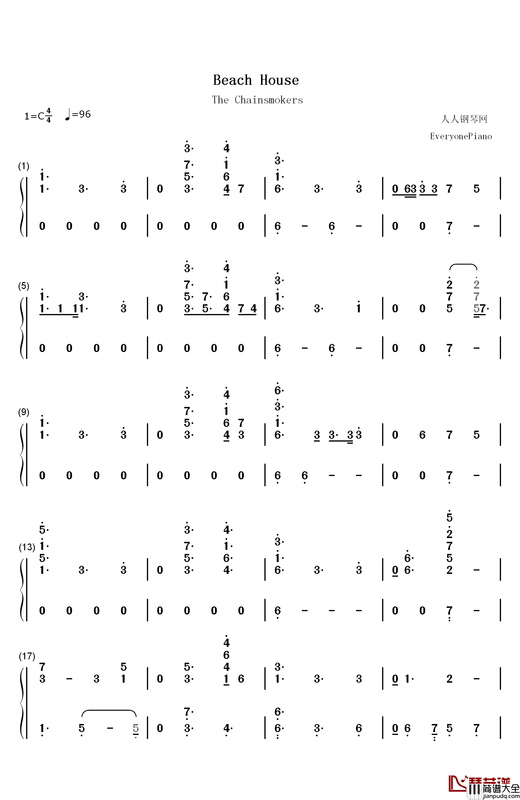 Beach_House钢琴简谱_数字双手_The_Chainsmokers