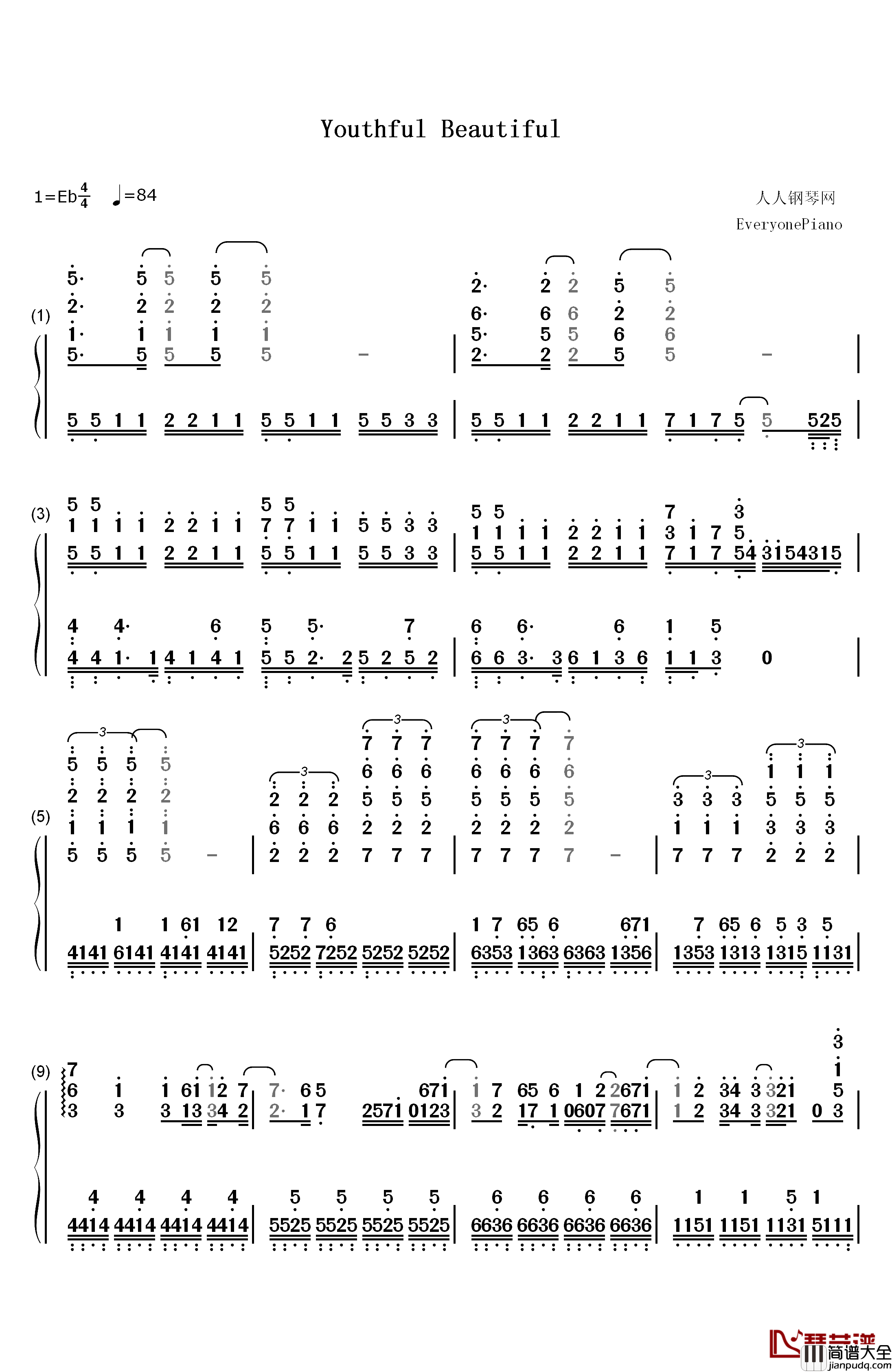 Youthful_Beautiful钢琴简谱_数字双手_内田真礼