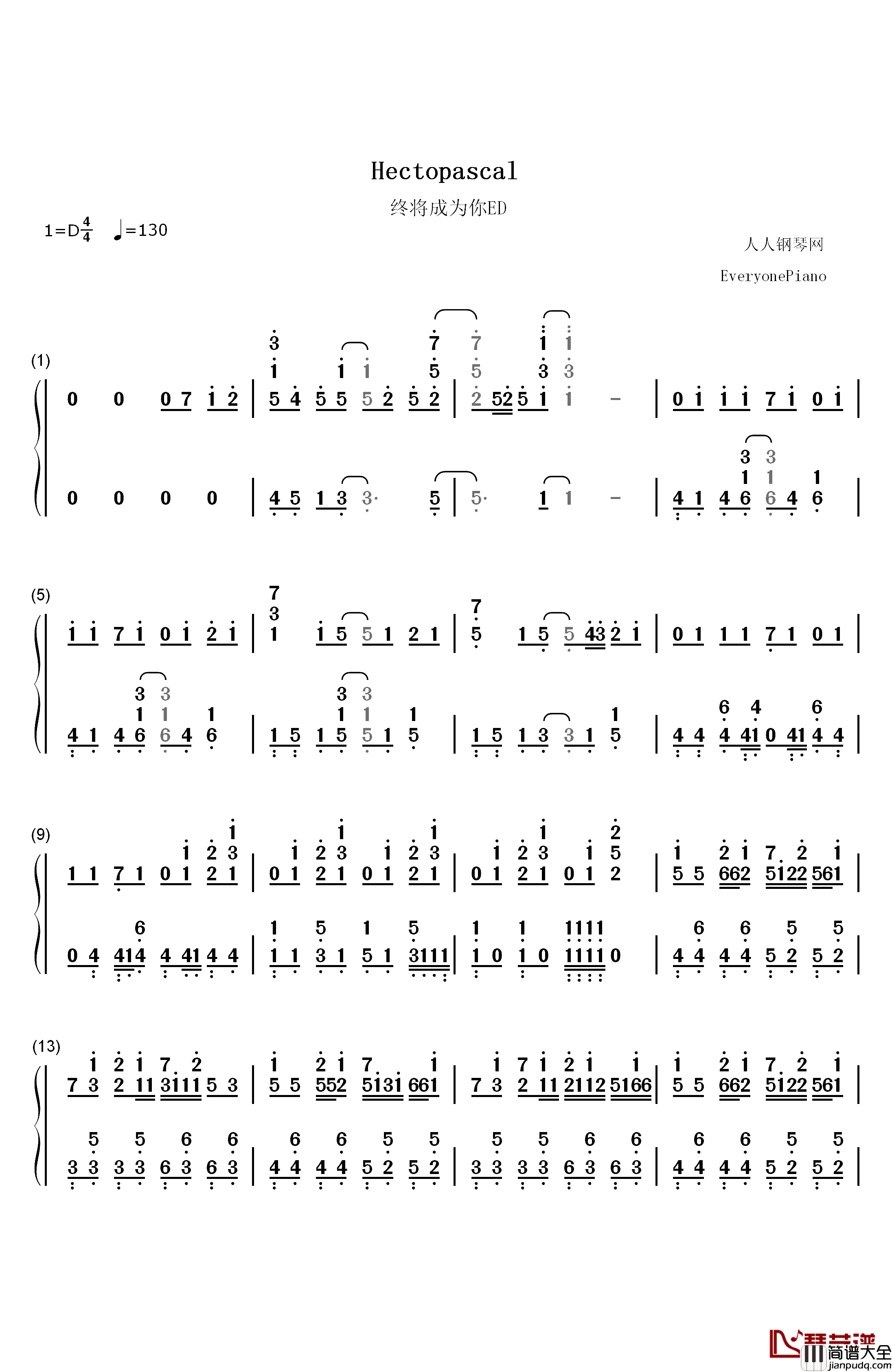 Hectopascal钢琴简谱_数字双手_高田忧希_寿美菜子