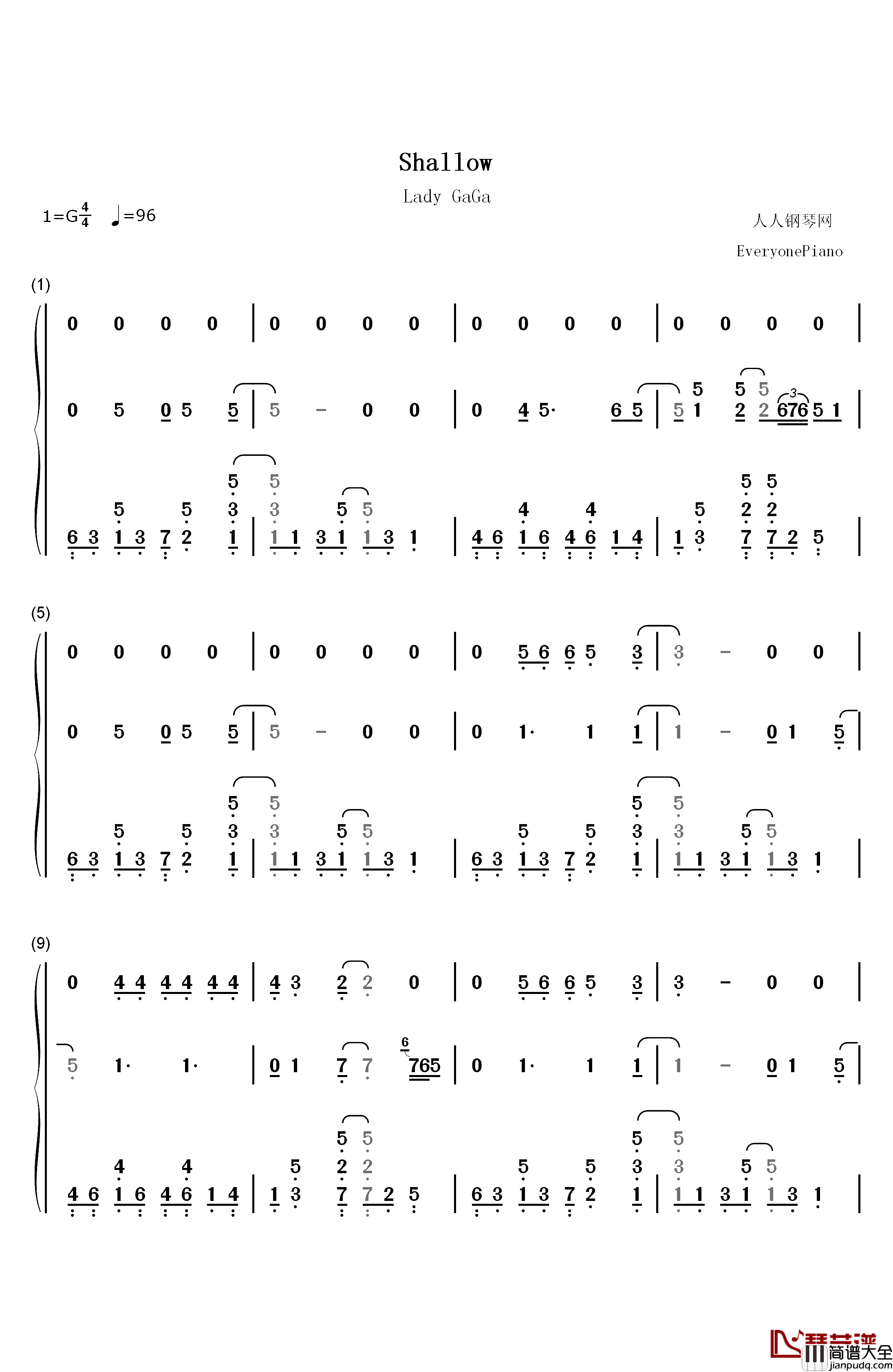 Shallow钢琴简谱_数字双手_Lady_Gaga_Bradley_Cooper