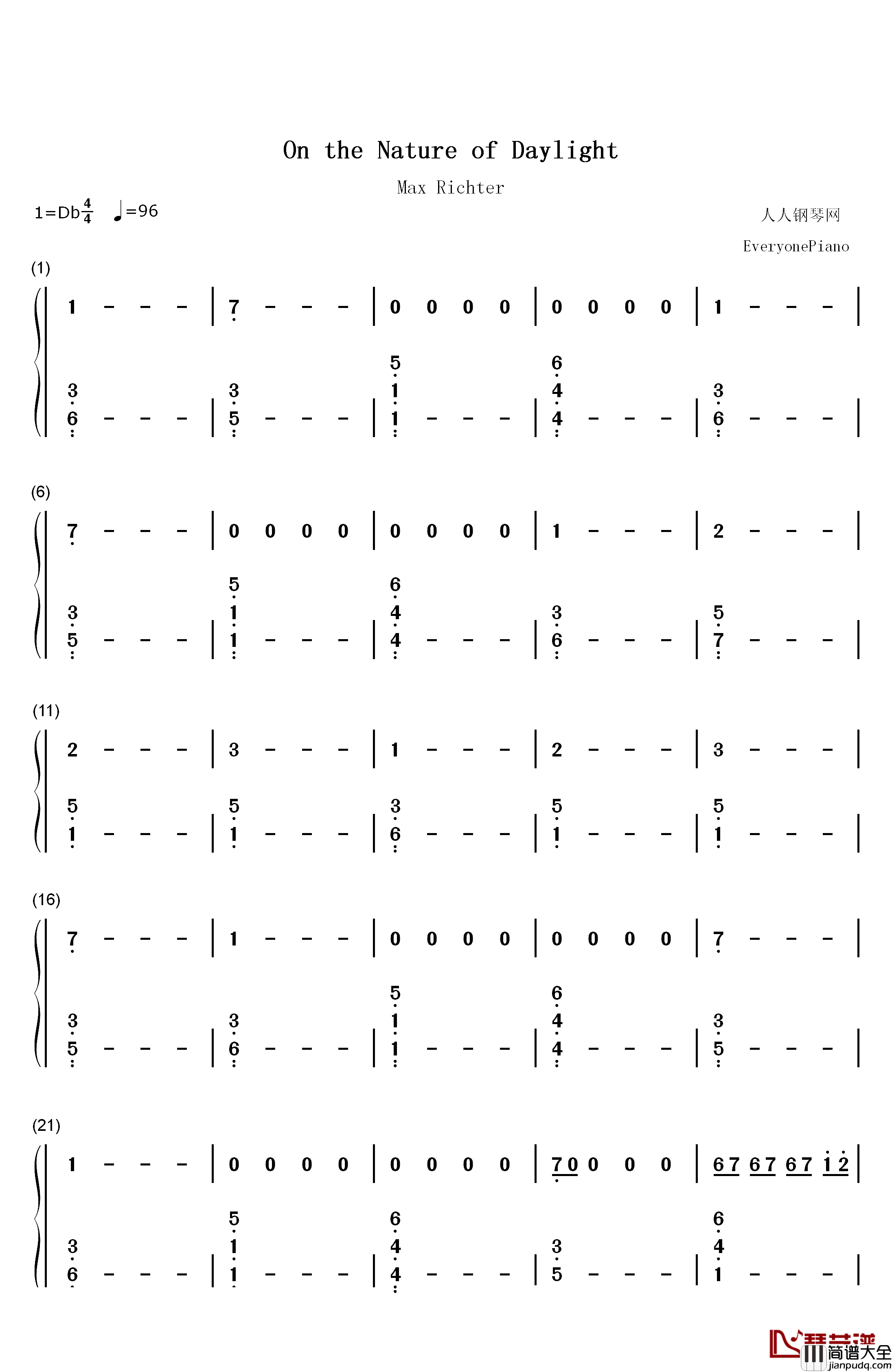 On_the_Nature_of_Daylight钢琴简谱_数字双手_Max_Richter