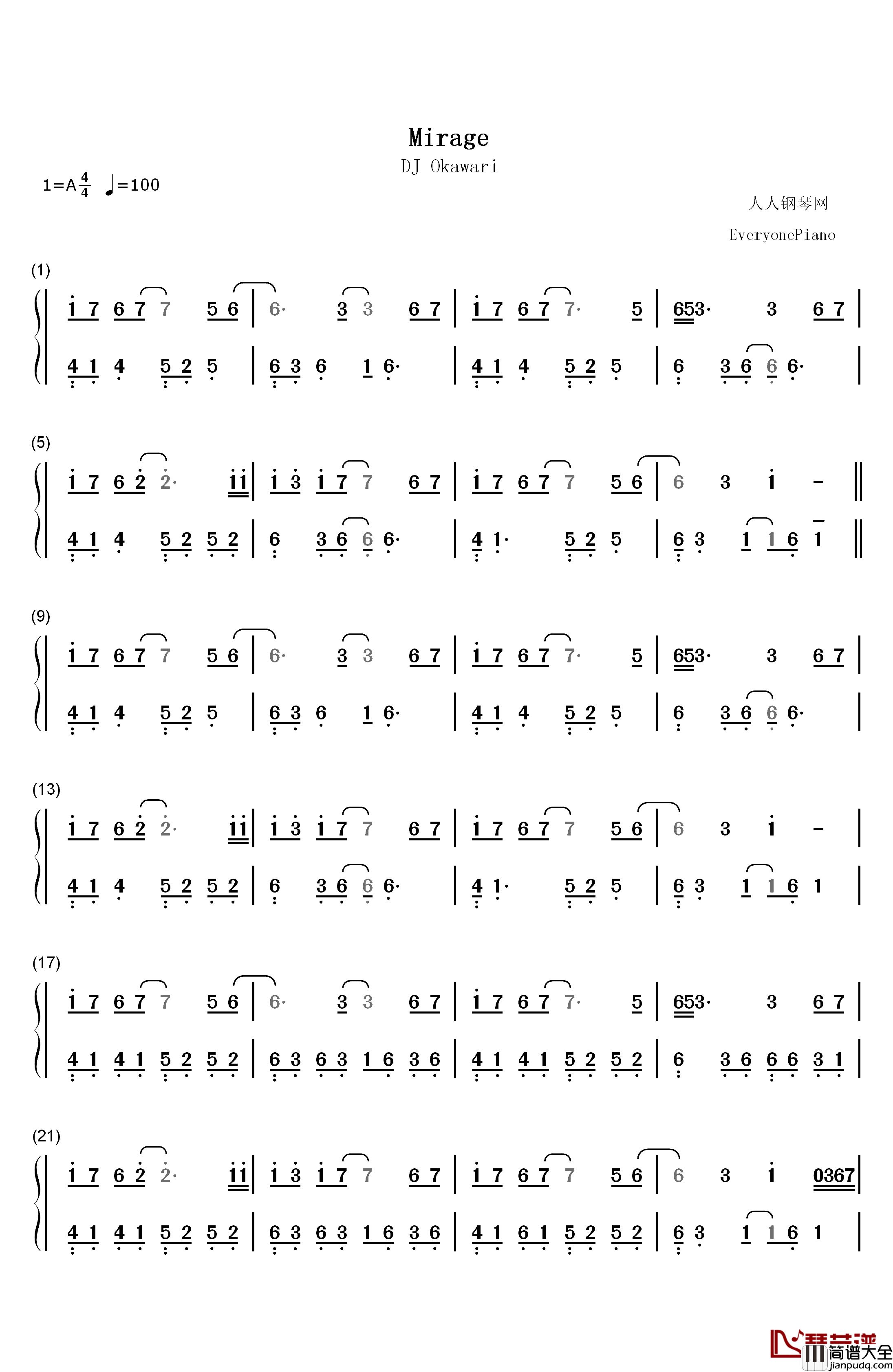 Mirage钢琴简谱_数字双手_DJ_Okawari