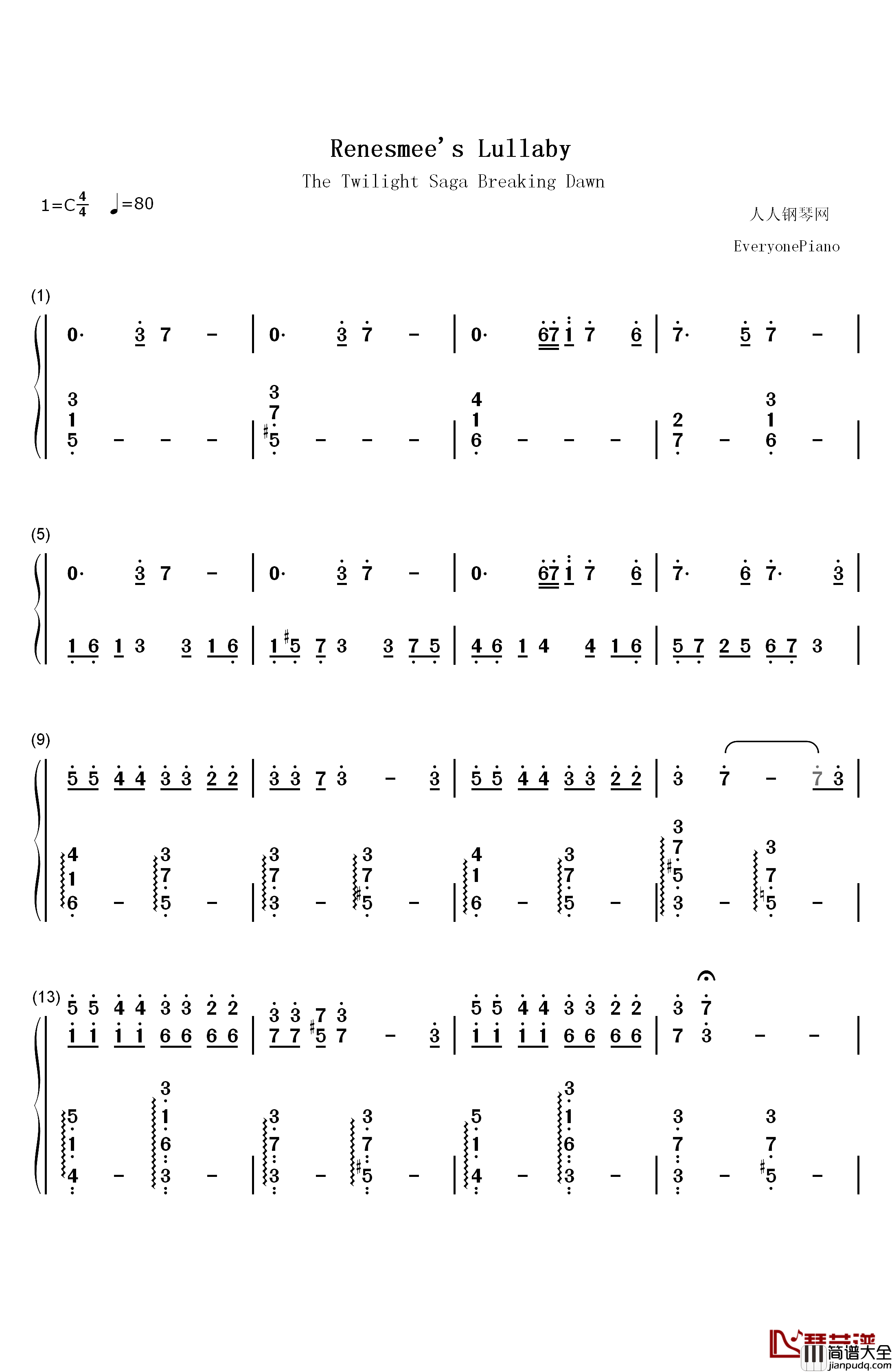 Renesmee's_Lullaby钢琴简谱_数字双手_Carter_Burwell