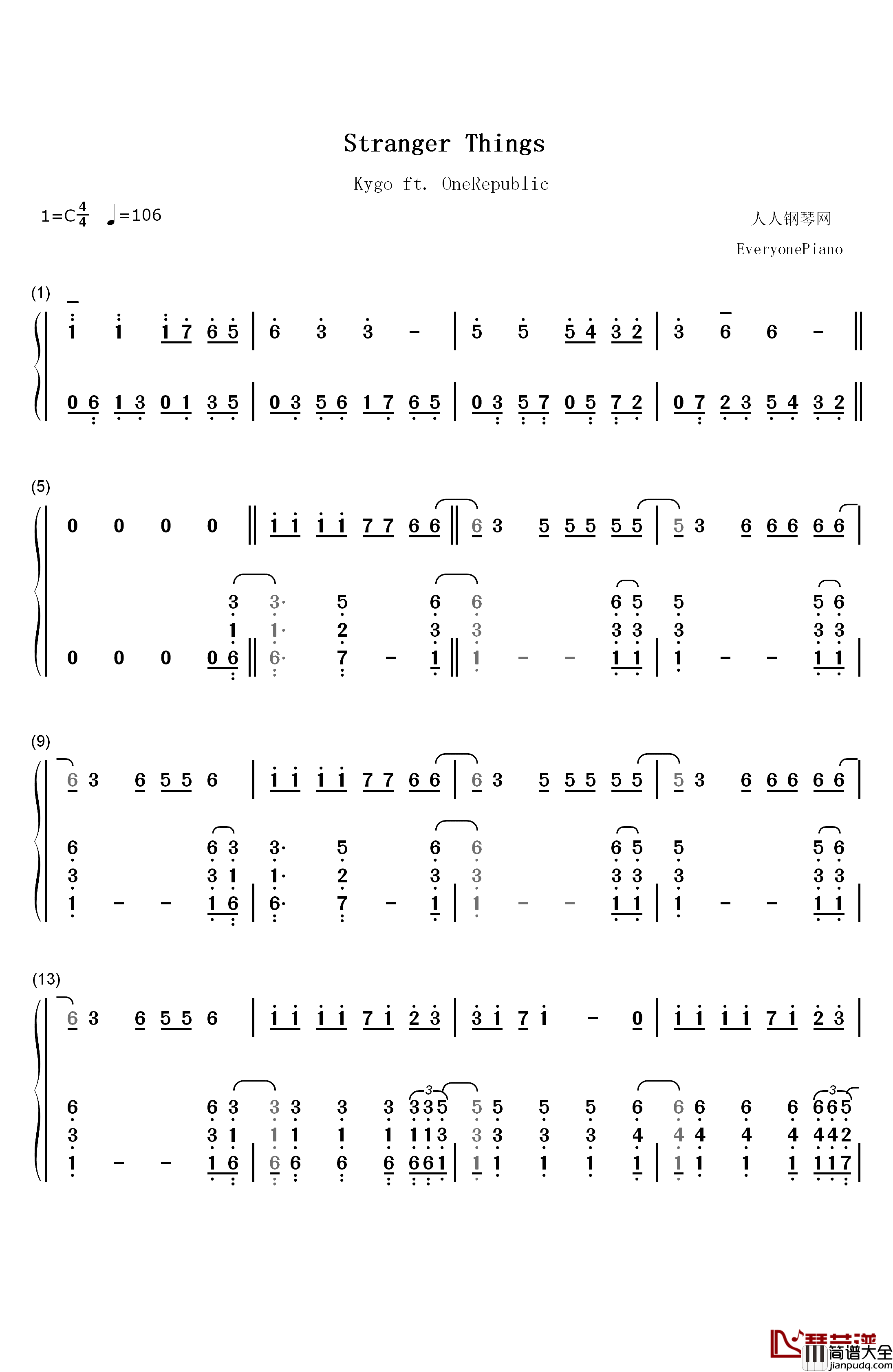 Stranger_Things钢琴简谱_数字双手_Kygo_OneRepublic