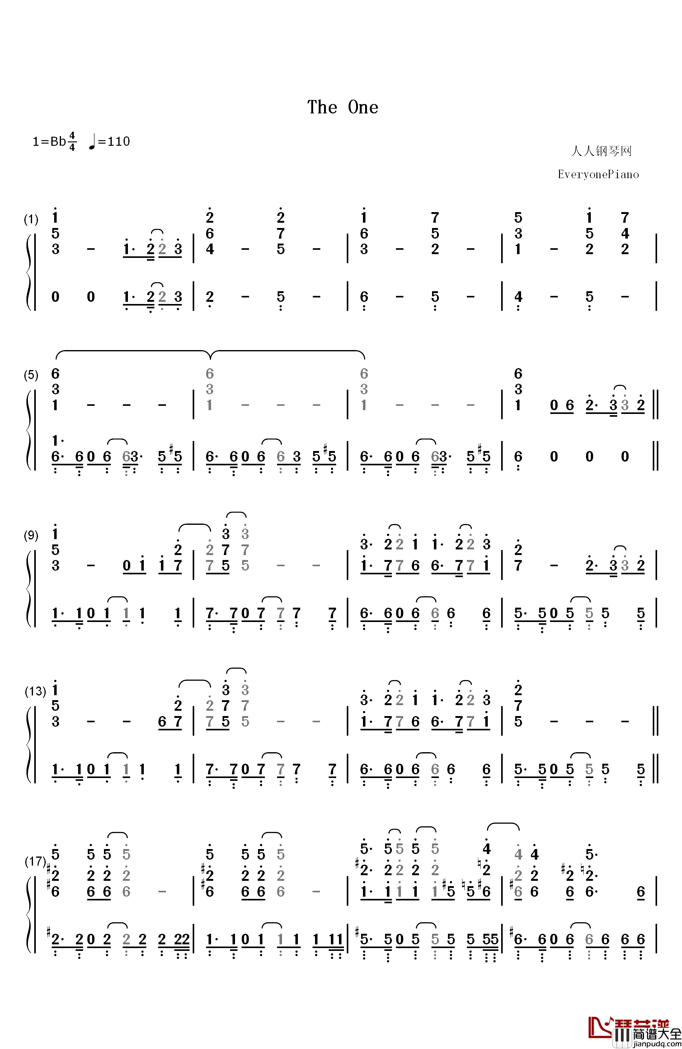 The_One钢琴简谱_数字双手_Backstreet_Boys