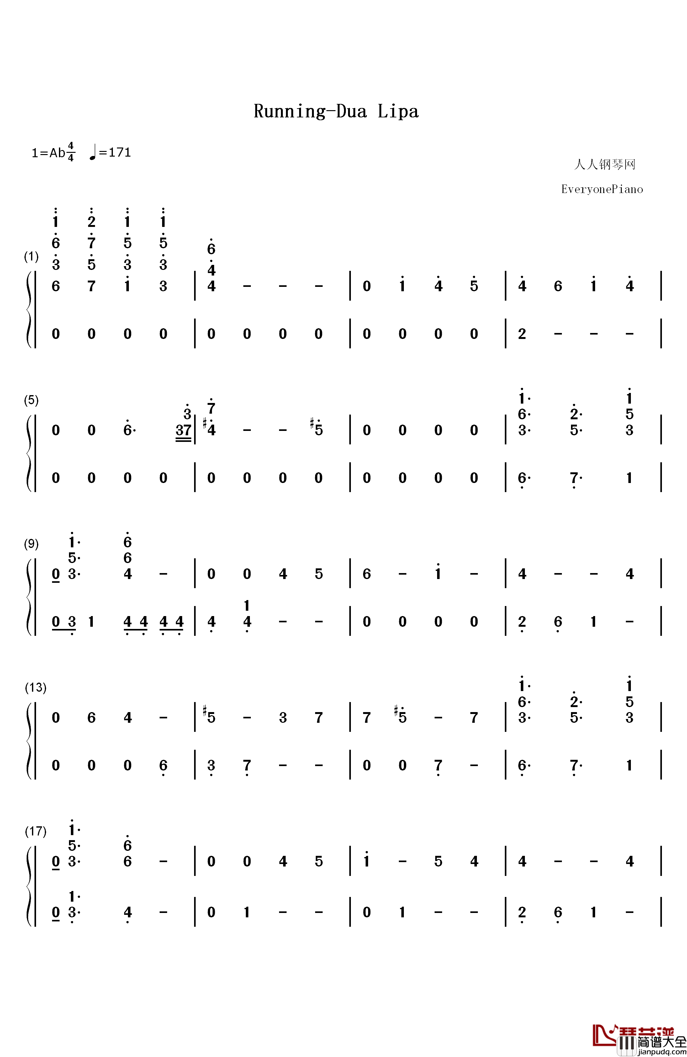 Running钢琴简谱_数字双手_Dua_Lipa