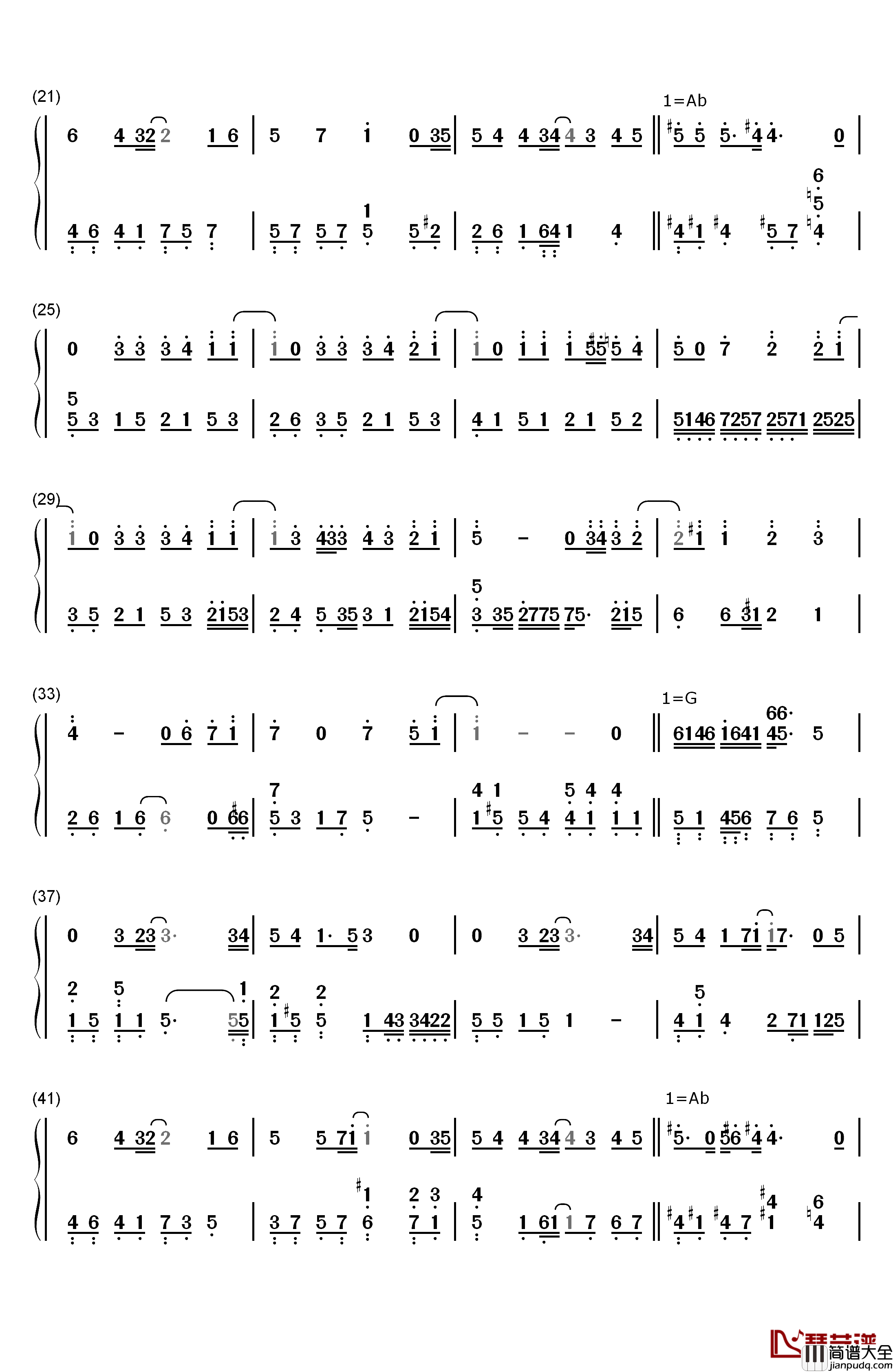 不说再见钢琴简谱_数字双手_S.H.E