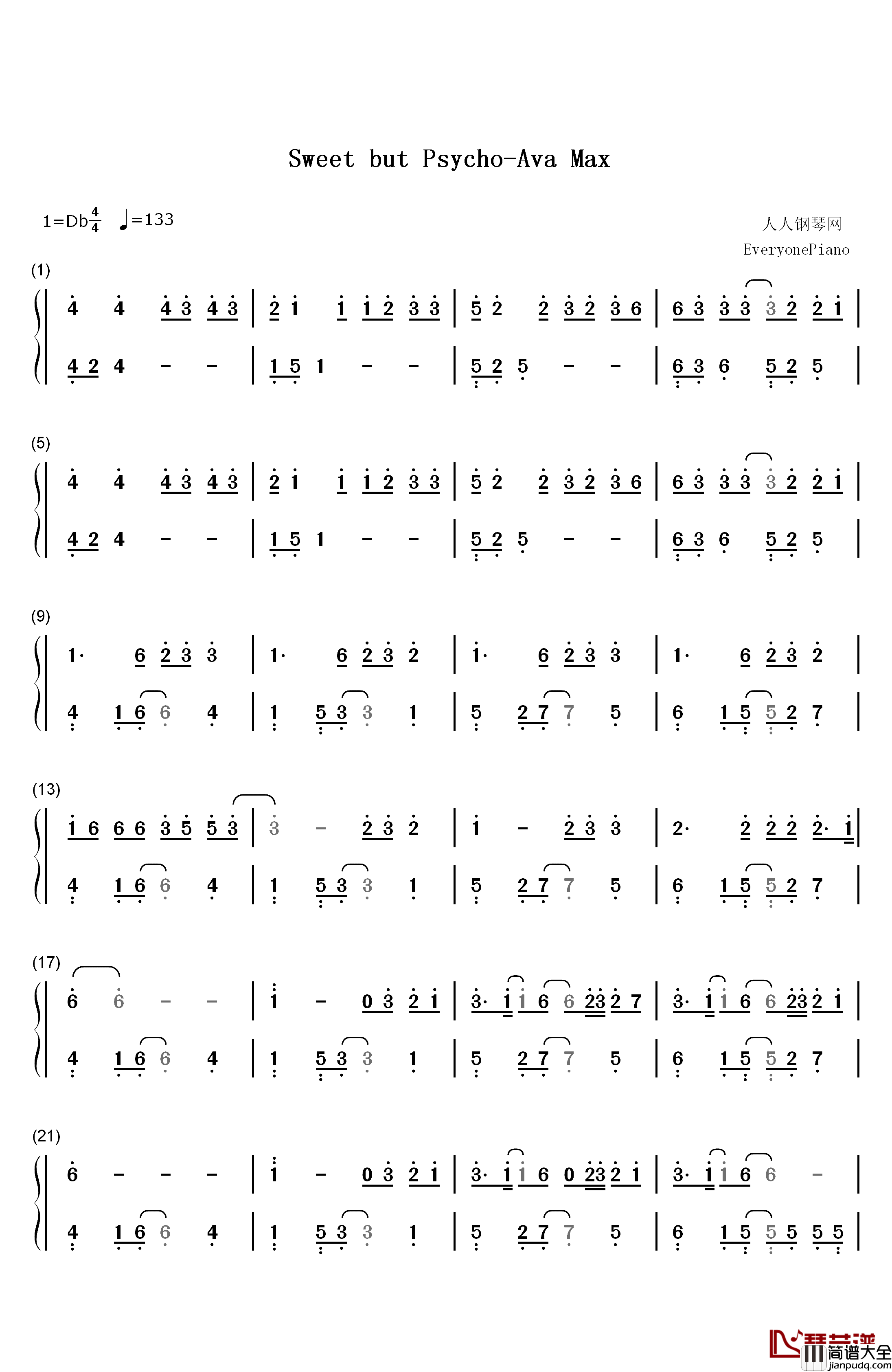 Sweet_but_Psycho钢琴简谱_数字双手_Ava_Max