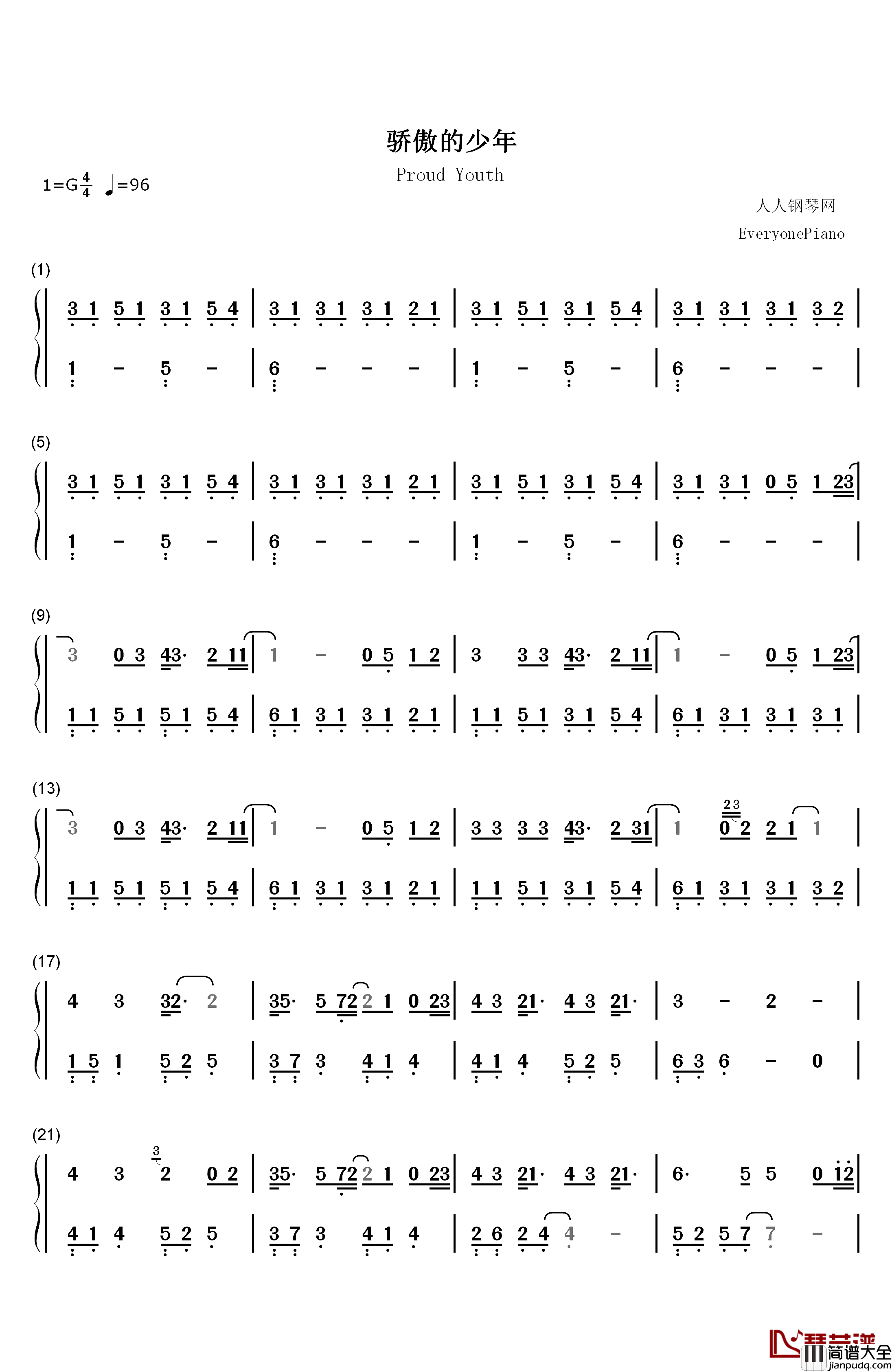 骄傲的少年钢琴简谱_数字双手_南征北战