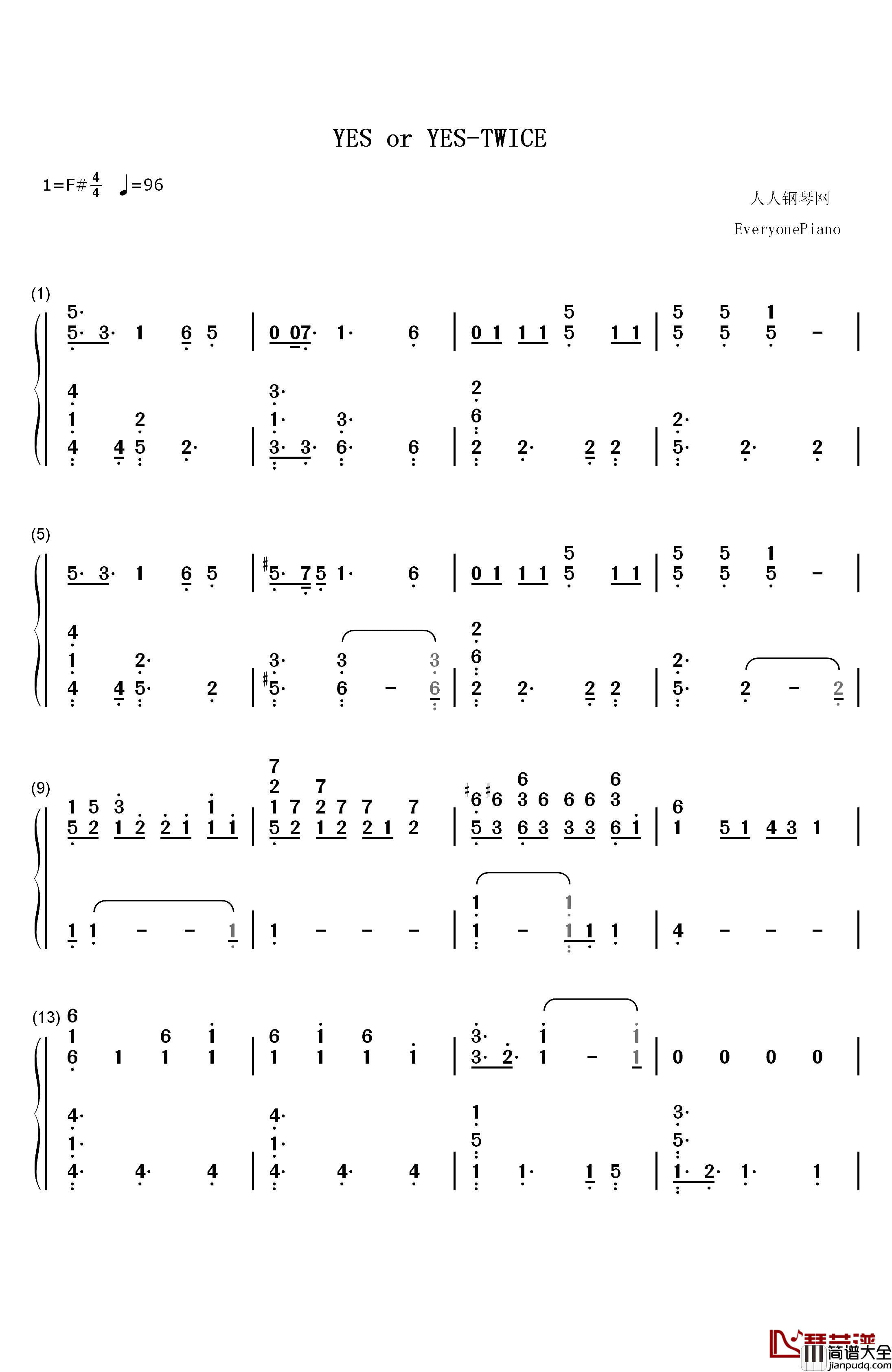 YES_or_YES钢琴简谱_数字双手_TWICE