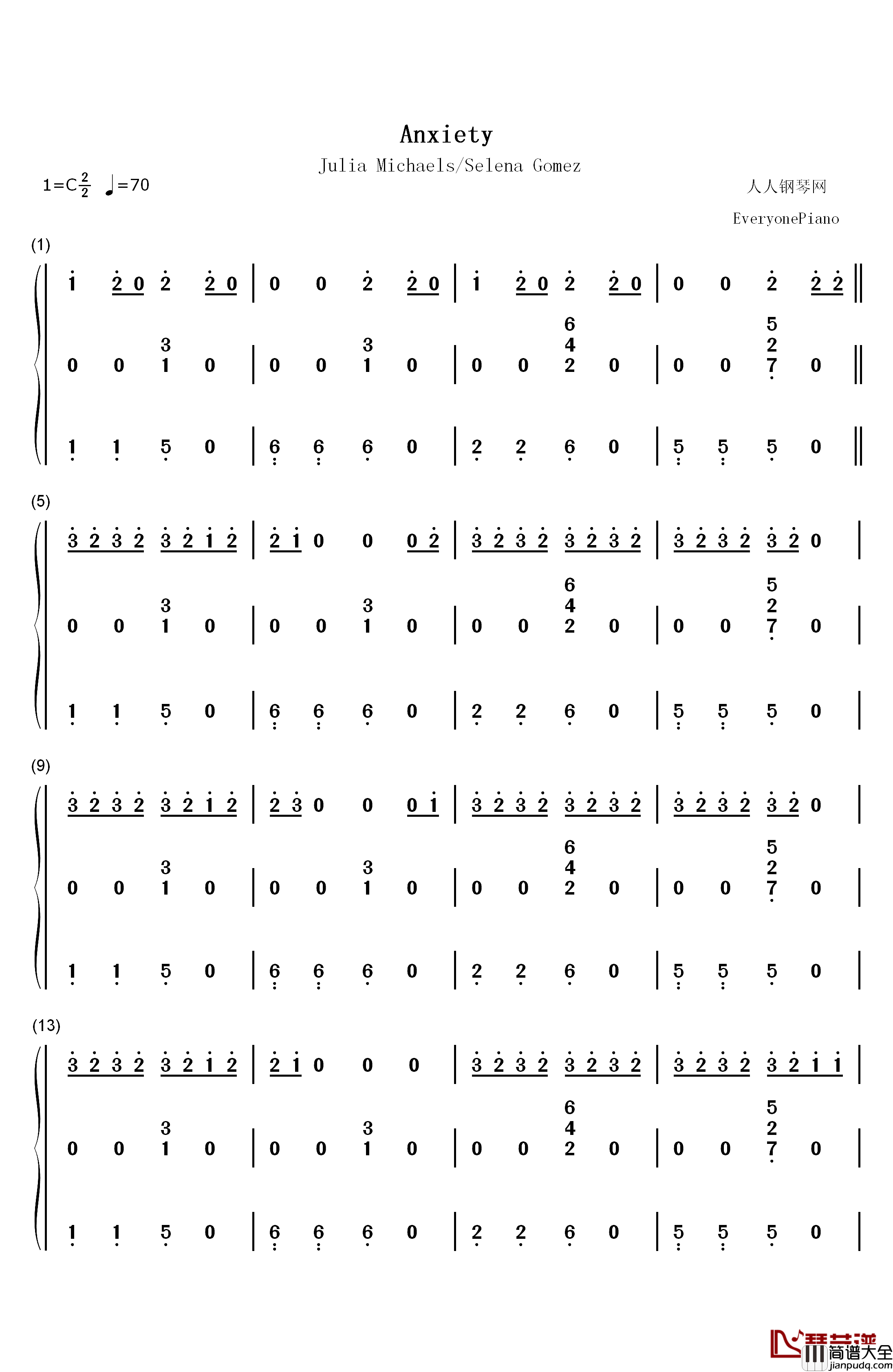 Anxiety钢琴简谱_数字双手_Julia_Michaels_Selena_Gomez