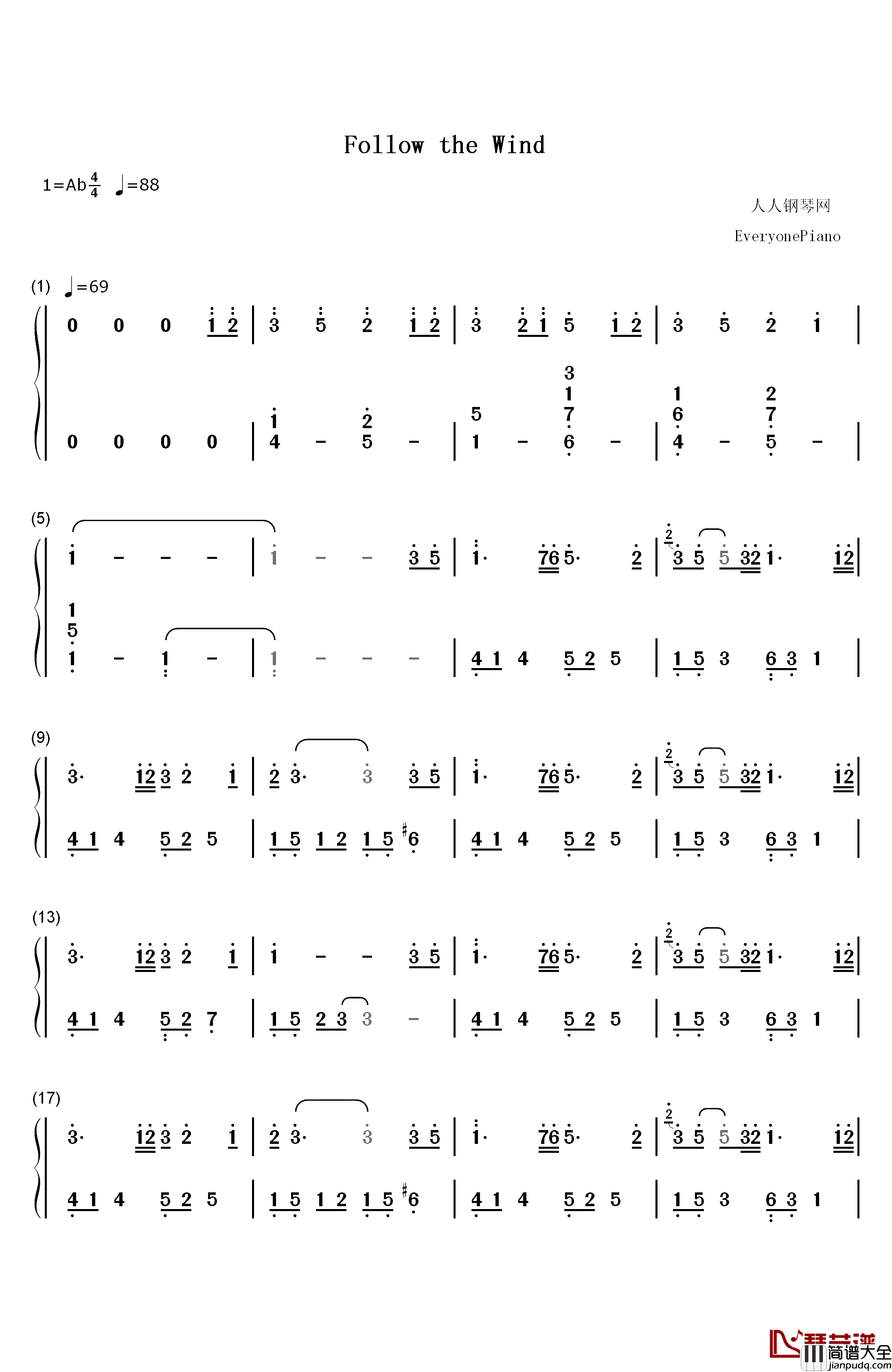 Follow_the_Wind钢琴简谱_数字双手_July