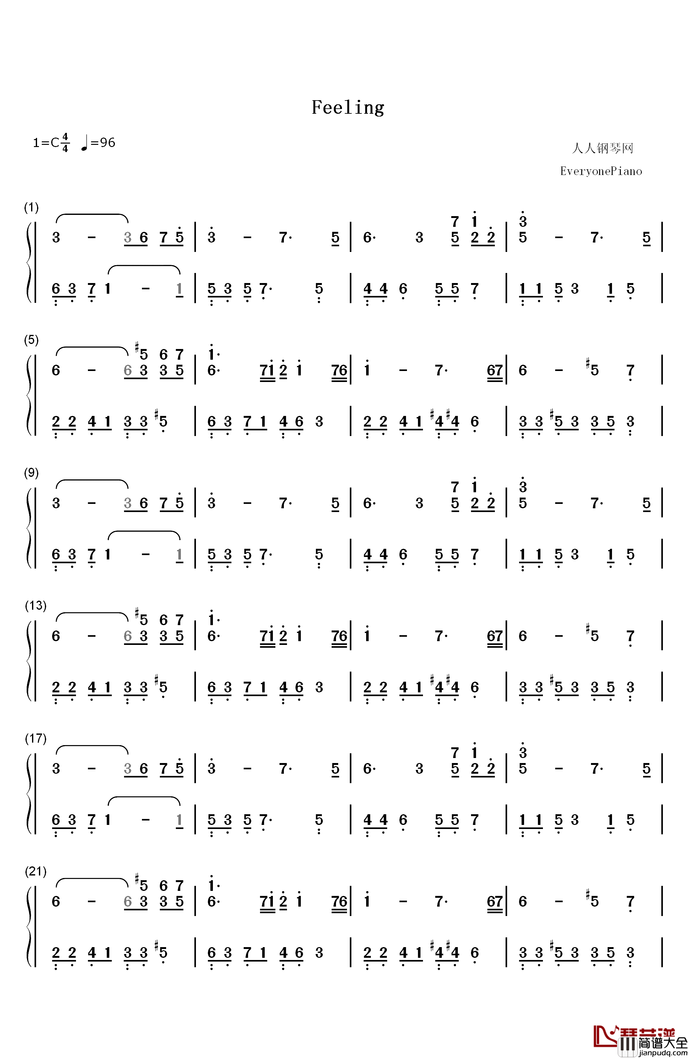 Feeling钢琴简谱_数字双手_July