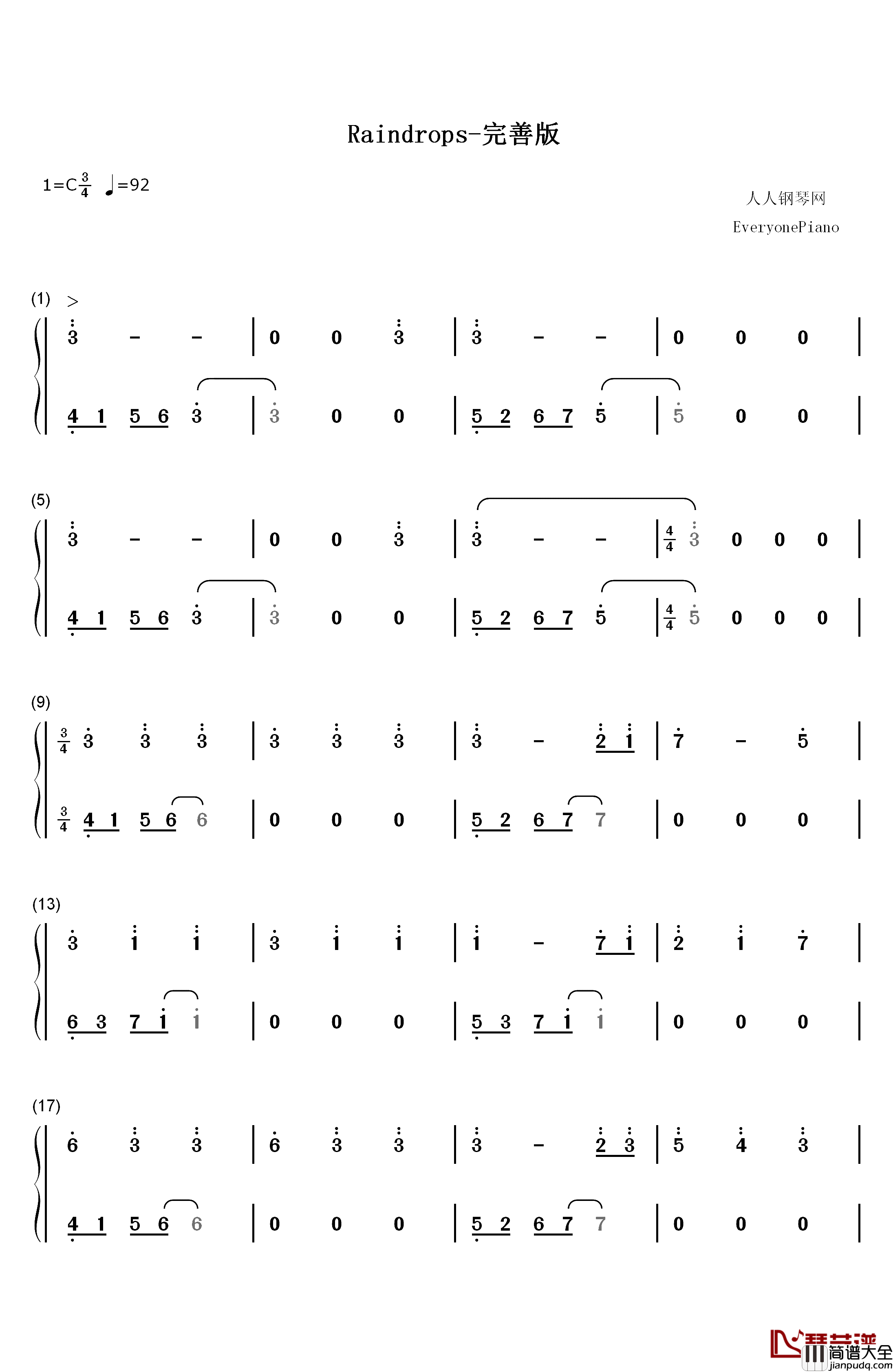Raindrops钢琴简谱_数字双手_S.E.N.S