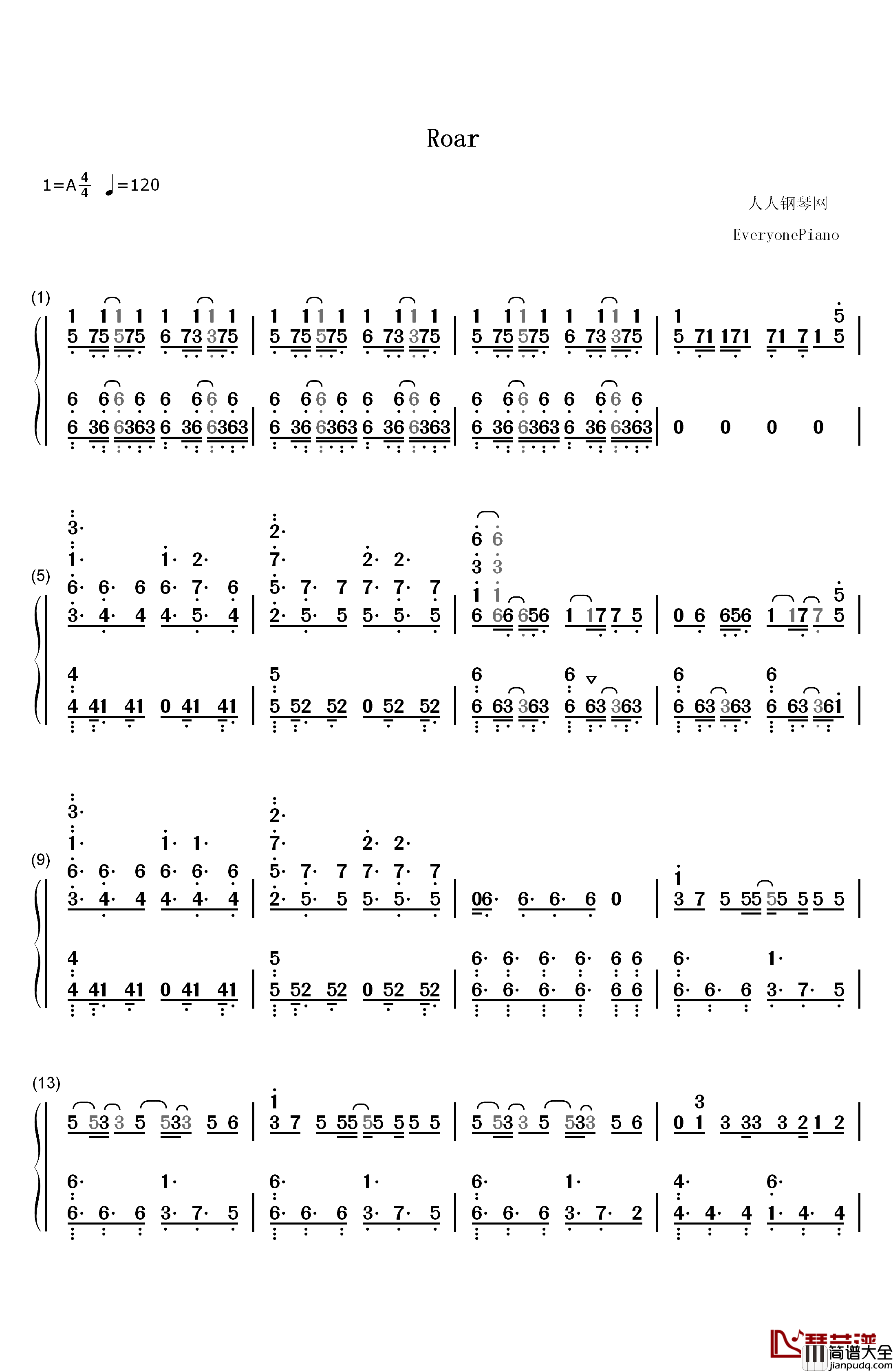 Roar钢琴简谱_数字双手_黑崎真音