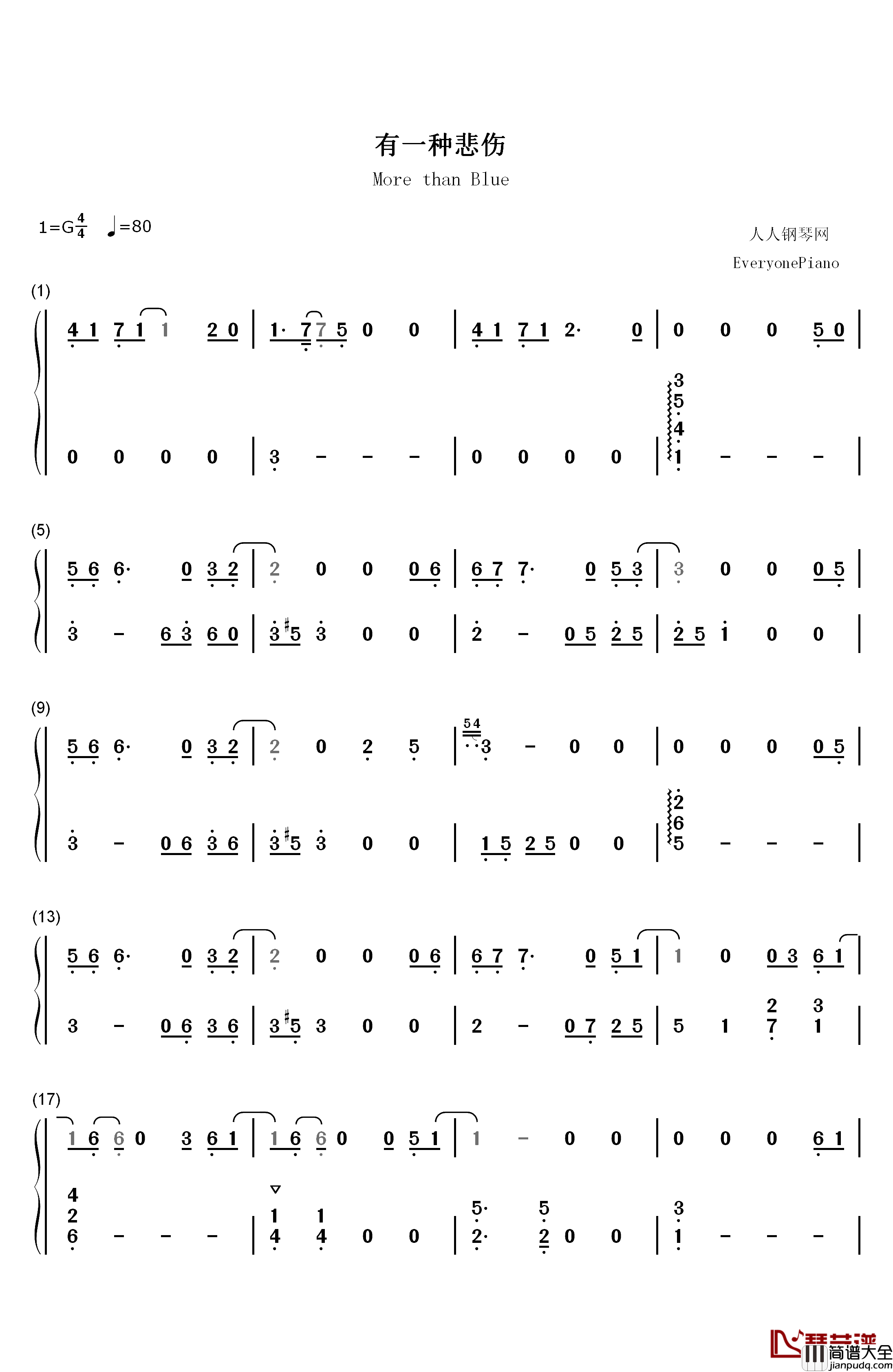 有一种悲伤钢琴简谱_数字双手_A_Lin