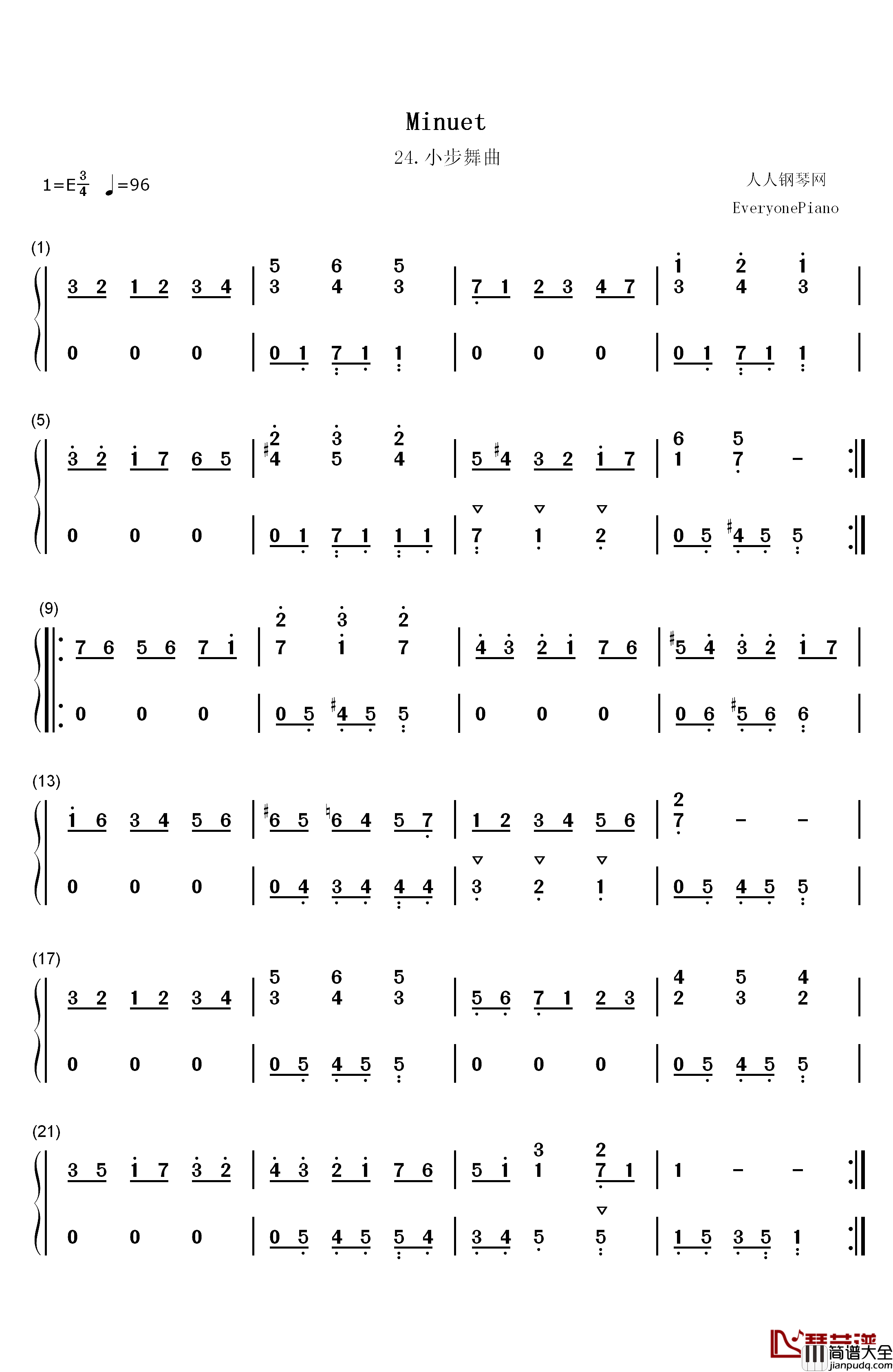 小步舞曲_24钢琴简谱_数字双手_巴赫