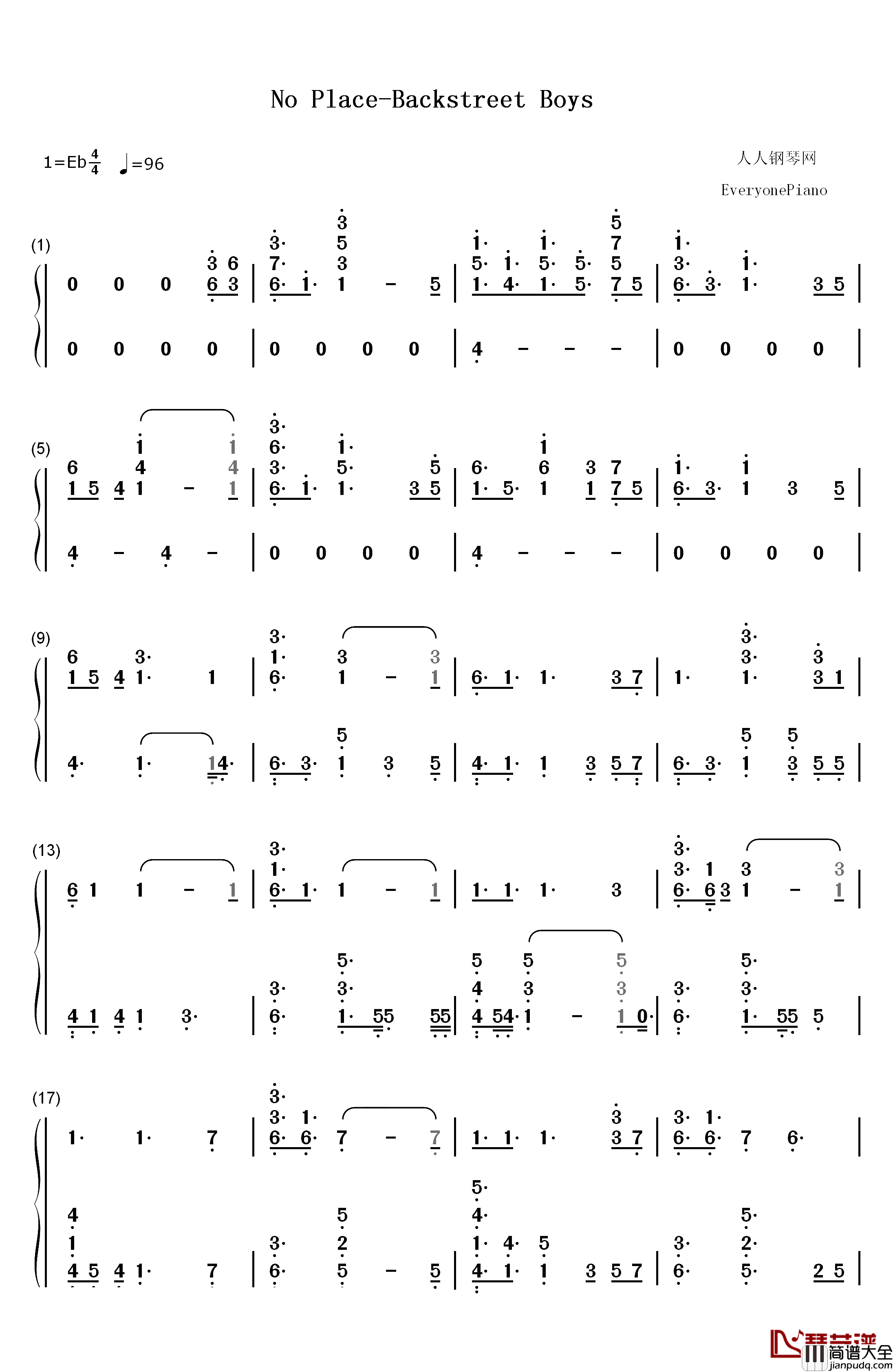 No_Place钢琴简谱_数字双手_Backstreet_Boys