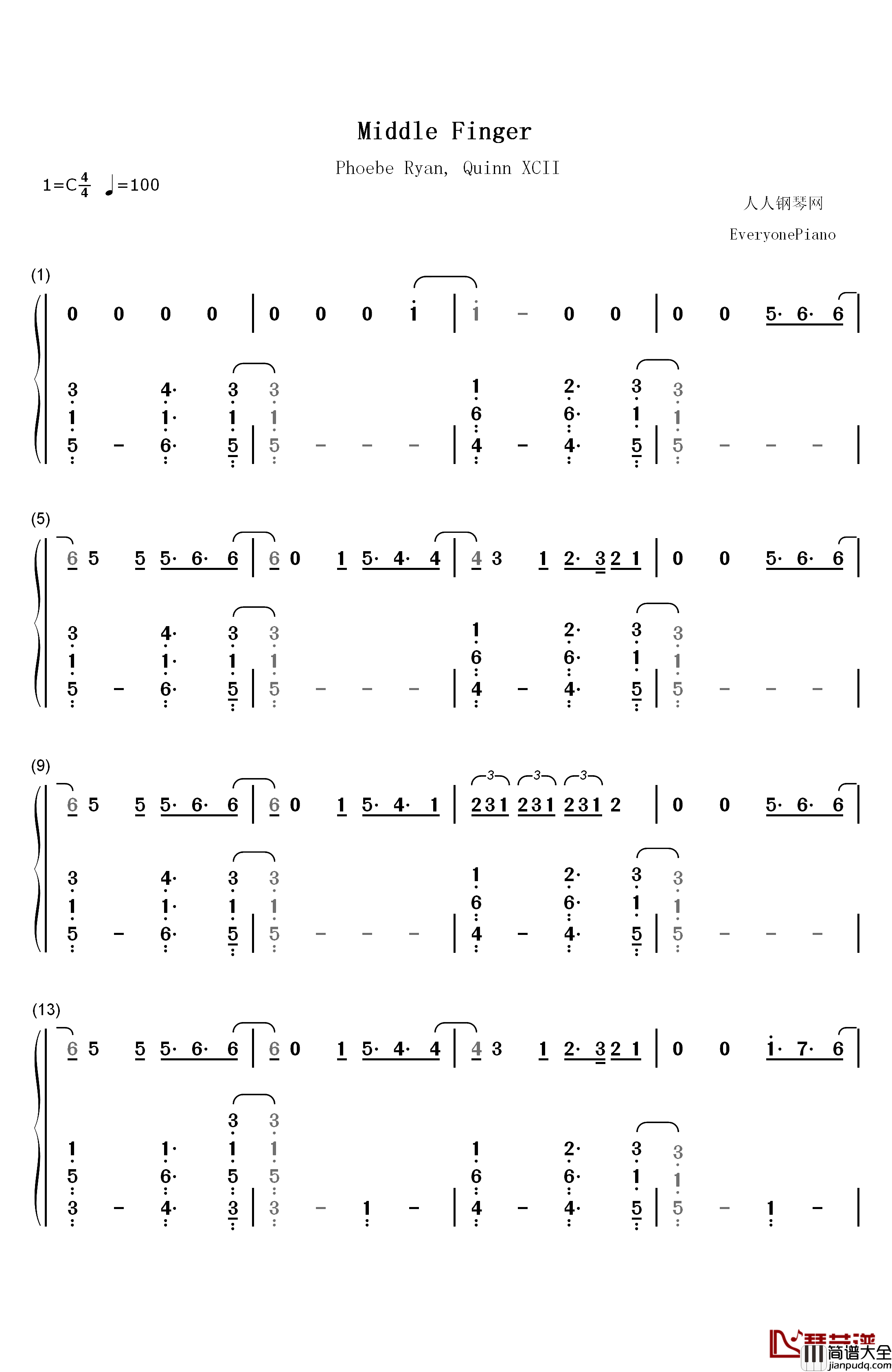 Middle_Finger钢琴简谱_数字双手_Phoebe_Ryan_Quinn_XCII