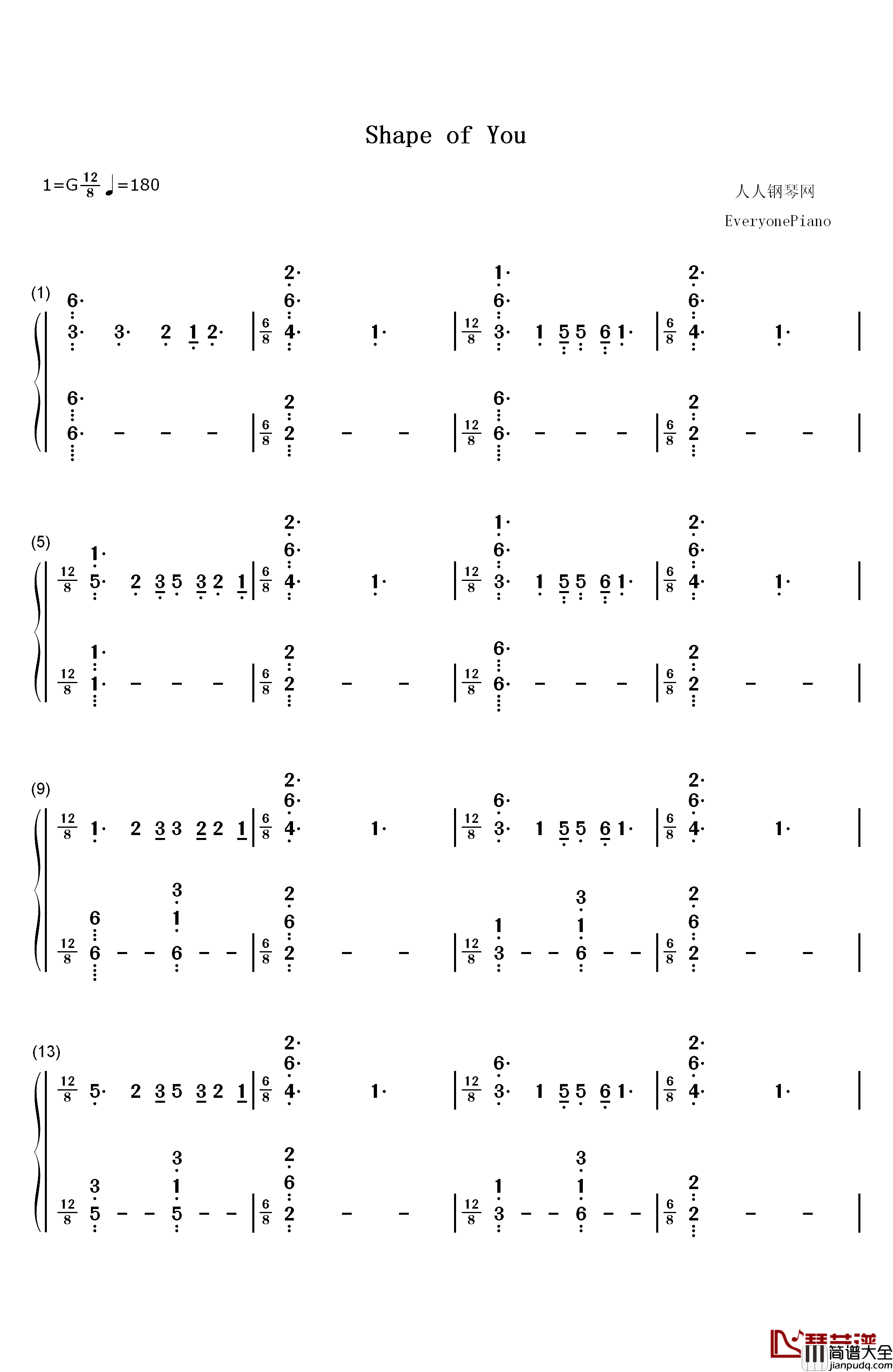 Shape_of_You钢琴简谱_数字双手_Ed_Sheeran