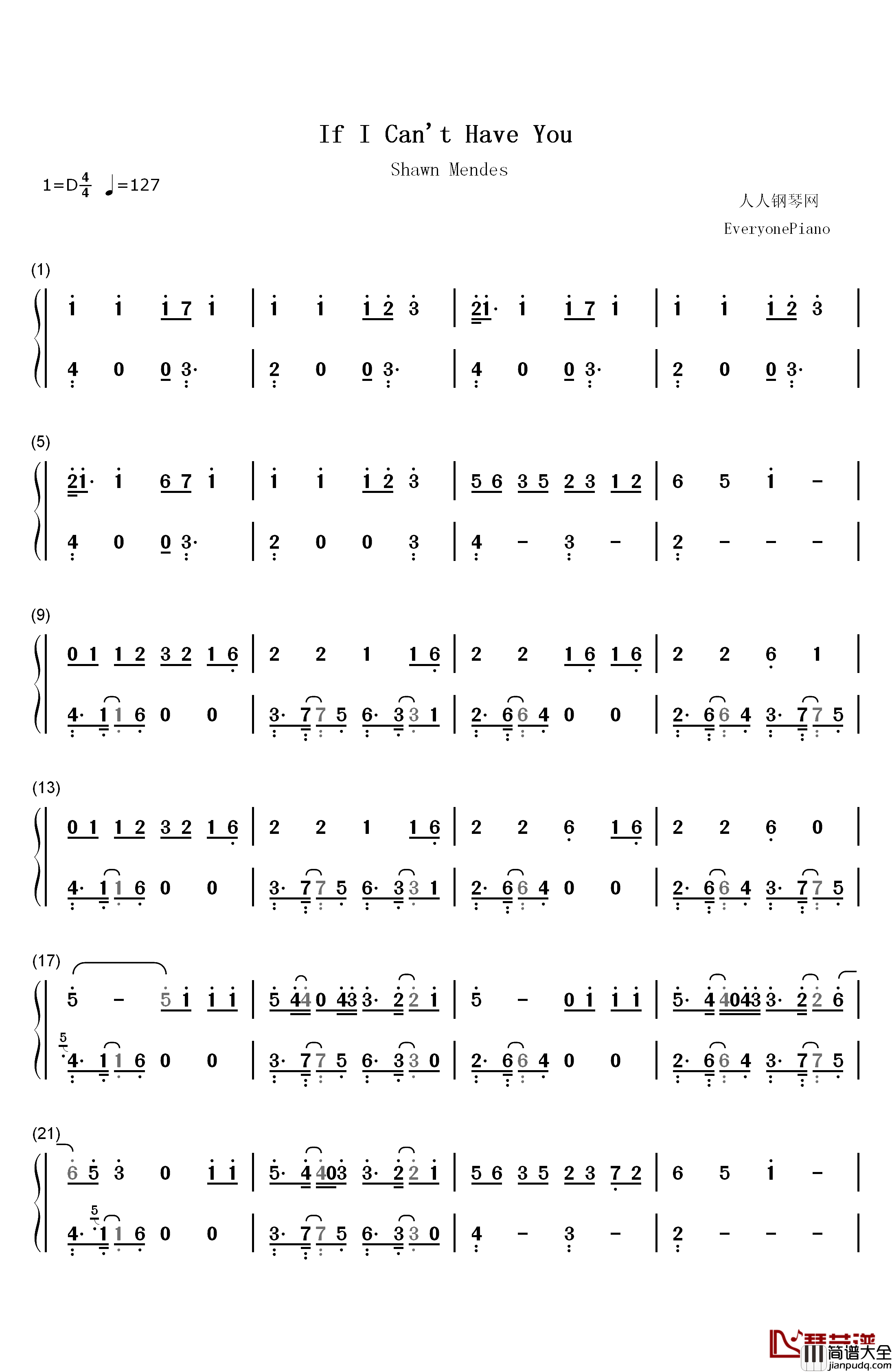 If_I_Cant_Have_You钢琴简谱_数字双手_Shawn_Mendes