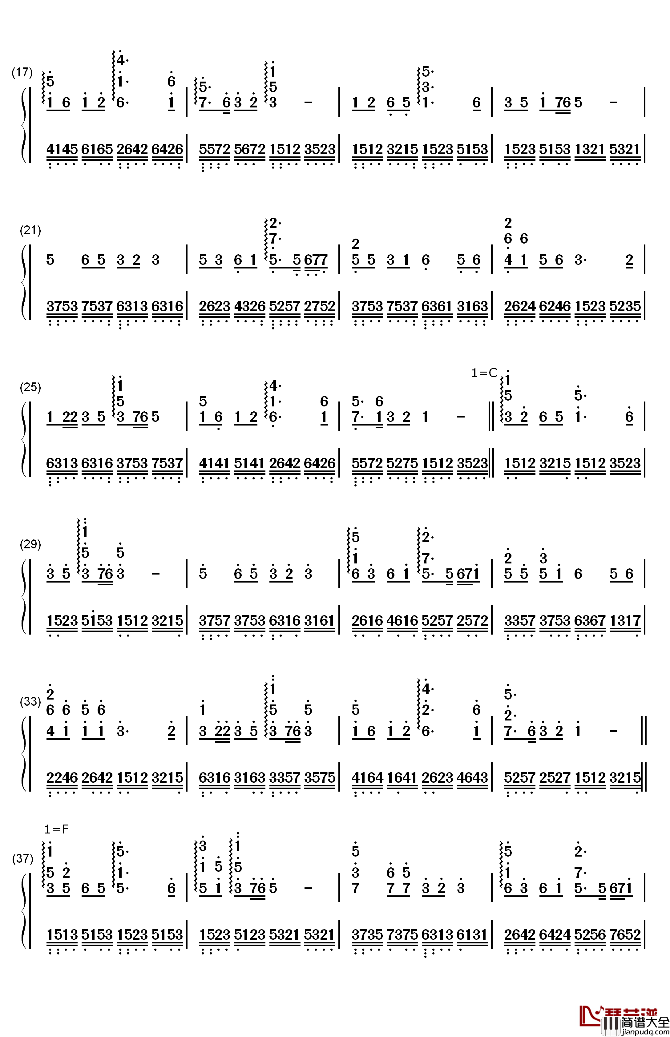 一条大河钢琴简谱_数字双手_刘炽