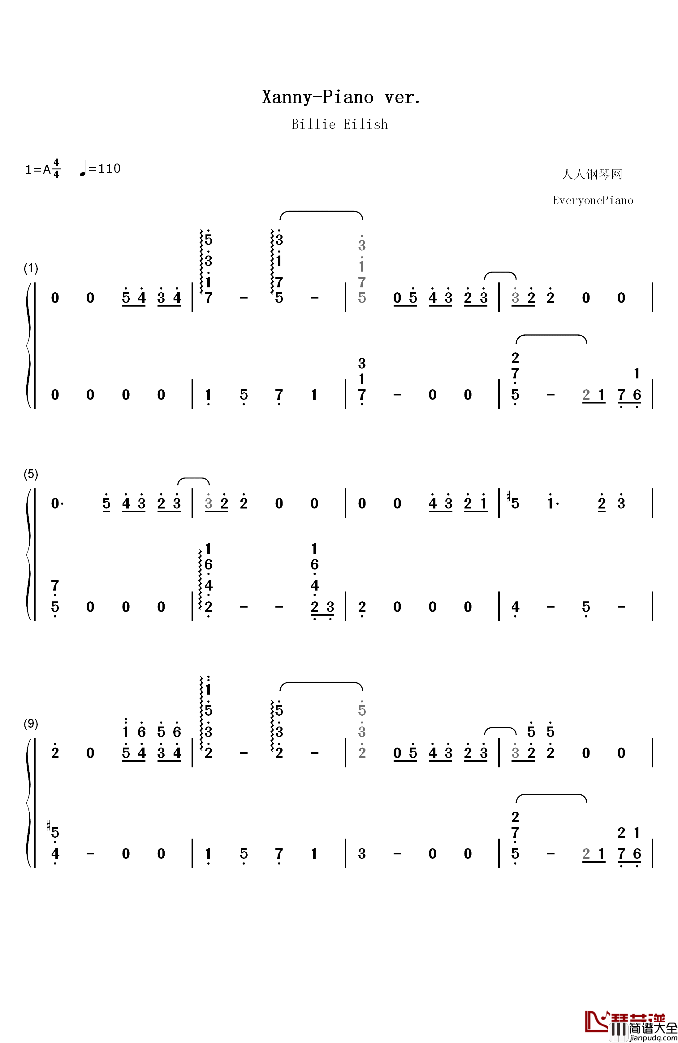 Xanny钢琴简谱_数字双手_Billie_Eilish