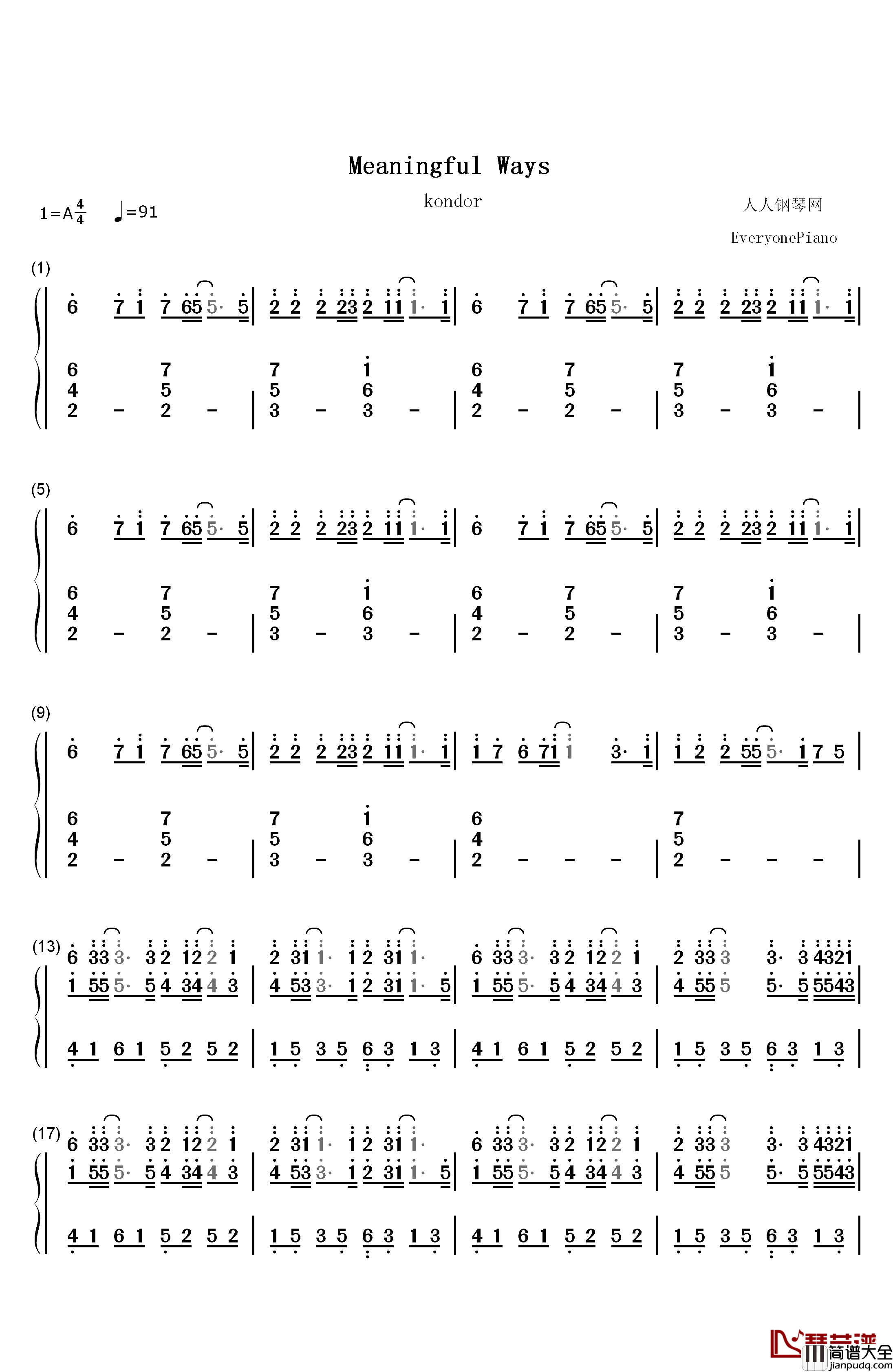 Meaningful_Ways钢琴简谱_数字双手_Kondor