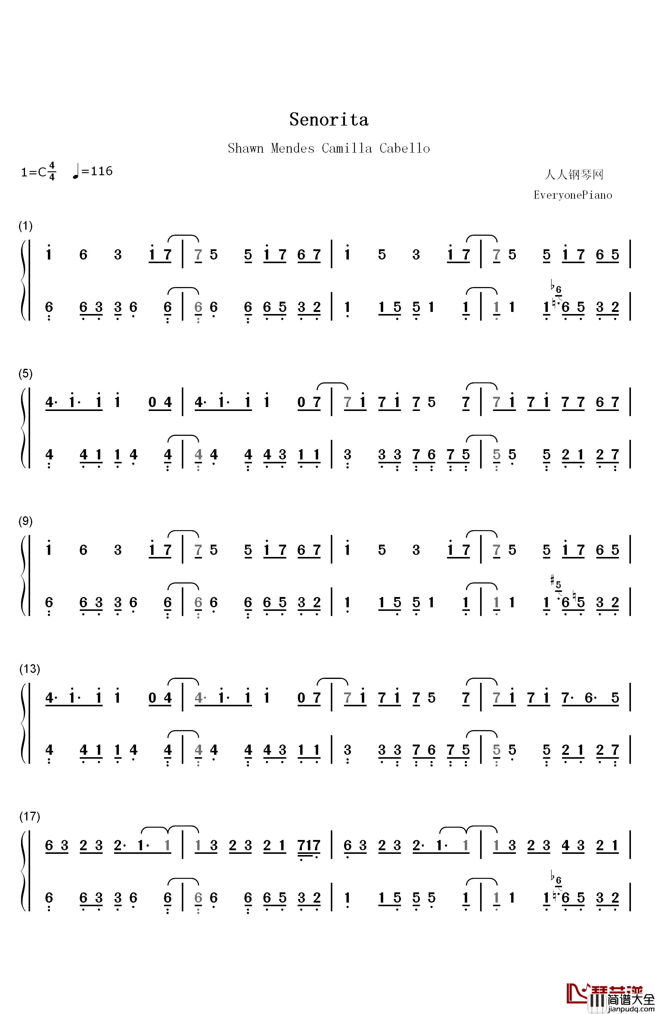 Señorita钢琴简谱_数字双手_Shawn_Mendes_Camila_Cabello