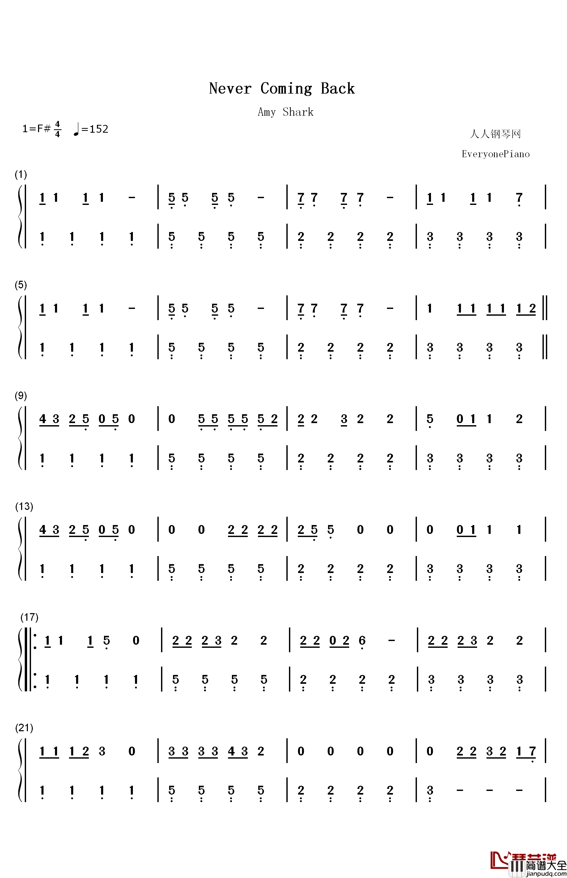 Never_Coming_Back钢琴简谱_数字双手_Amy_Shark