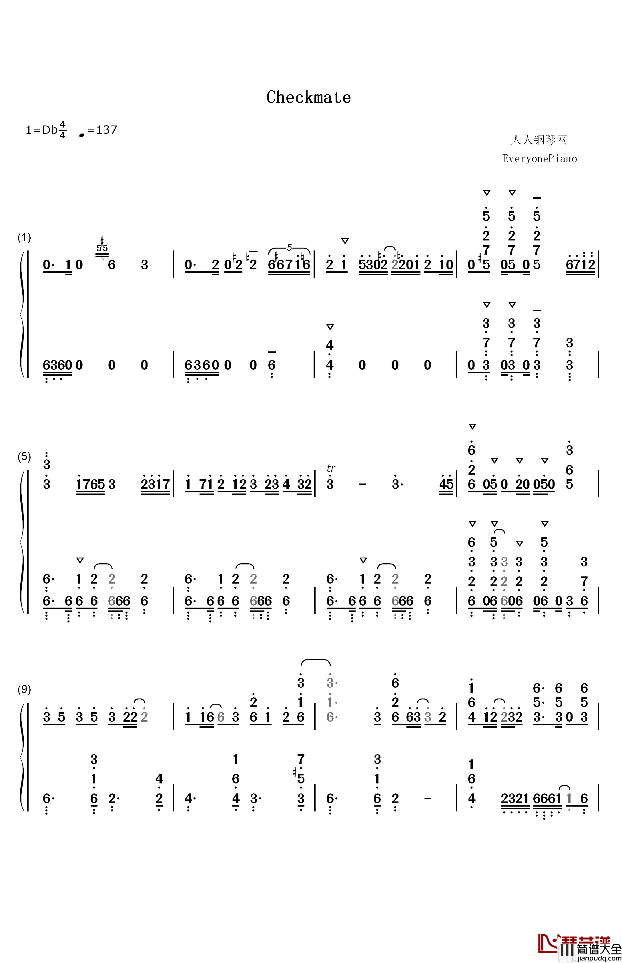 Checkmate钢琴简谱_数字双手_MICHI