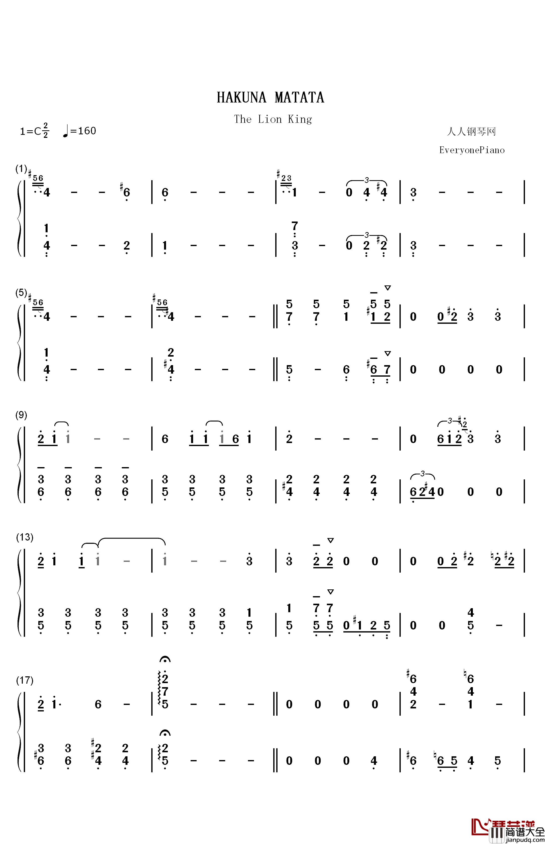 Hakuna_Matata钢琴简谱_数字双手_Elton_John