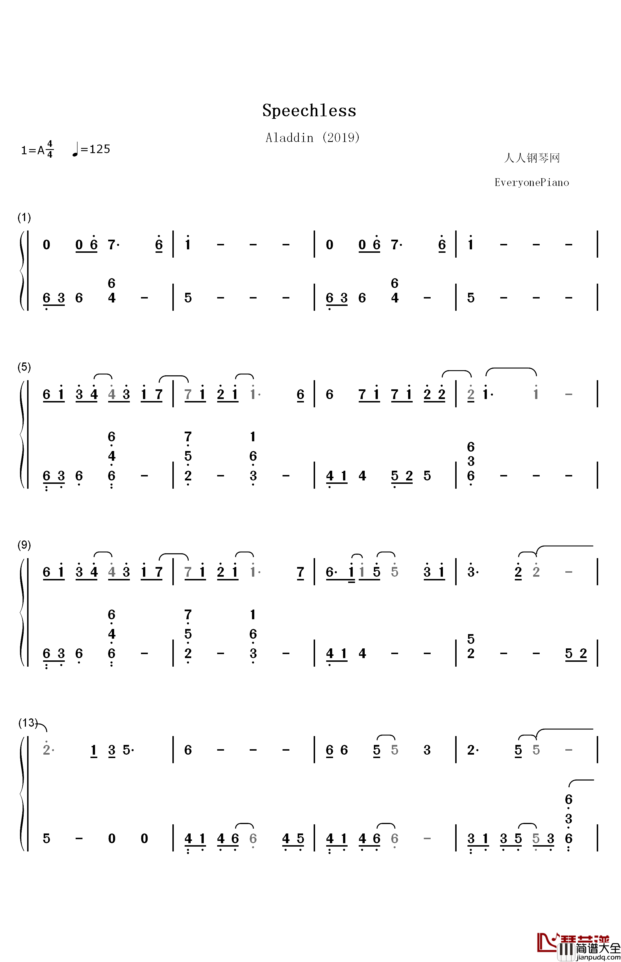 Speechless钢琴简谱_数字双手_Alan_Menken