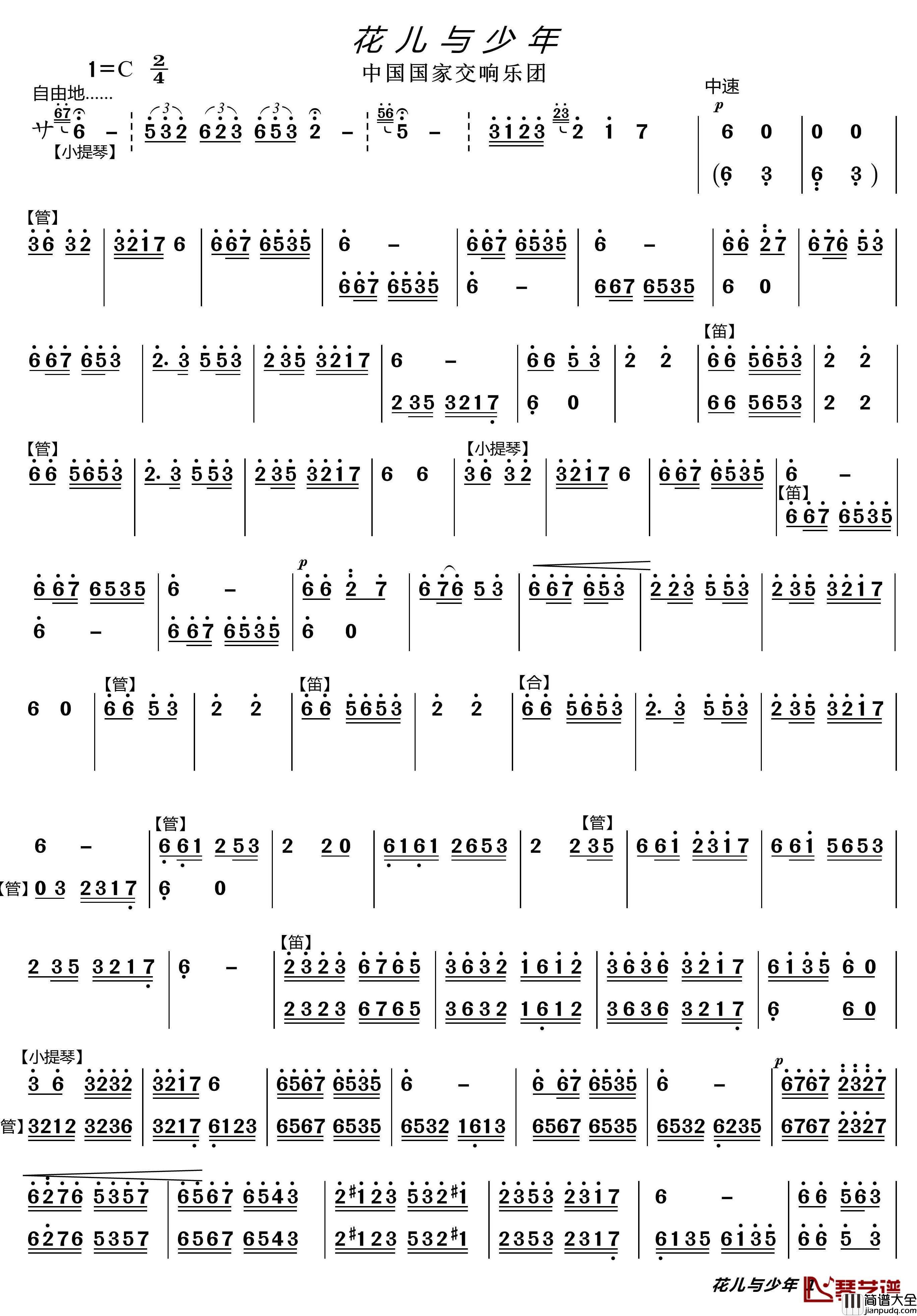 花儿与少年简谱(歌词)_中国国家交响乐团演唱_谱友lzh460923曲谱