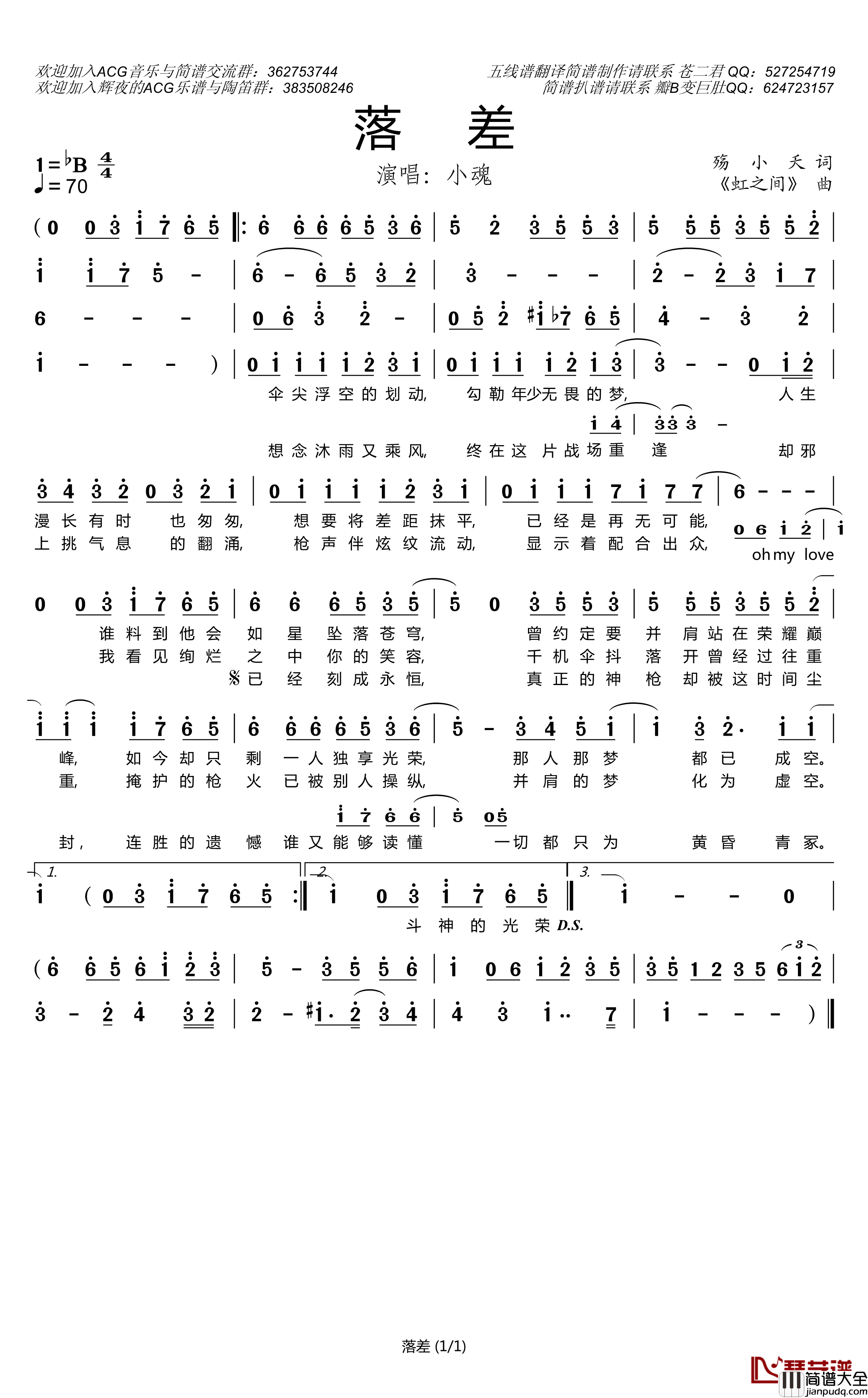 落差简谱(歌词)_小魂演唱_谱友苍二君上传