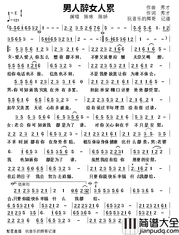 男人醉女人累简谱_陈咏/陈娇演唱