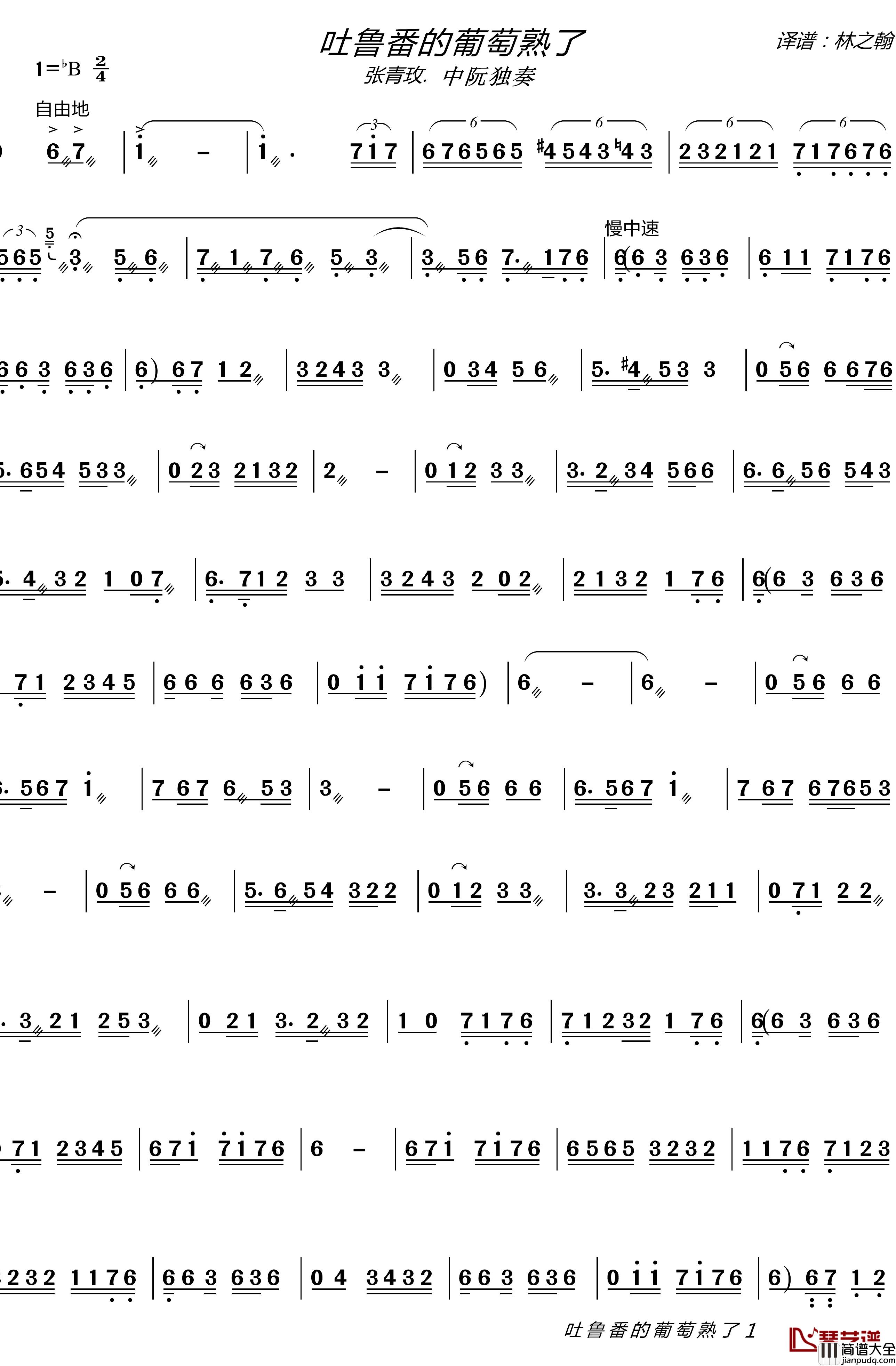 吐鲁番的葡萄熟了简谱_中阮独奏张青玫_