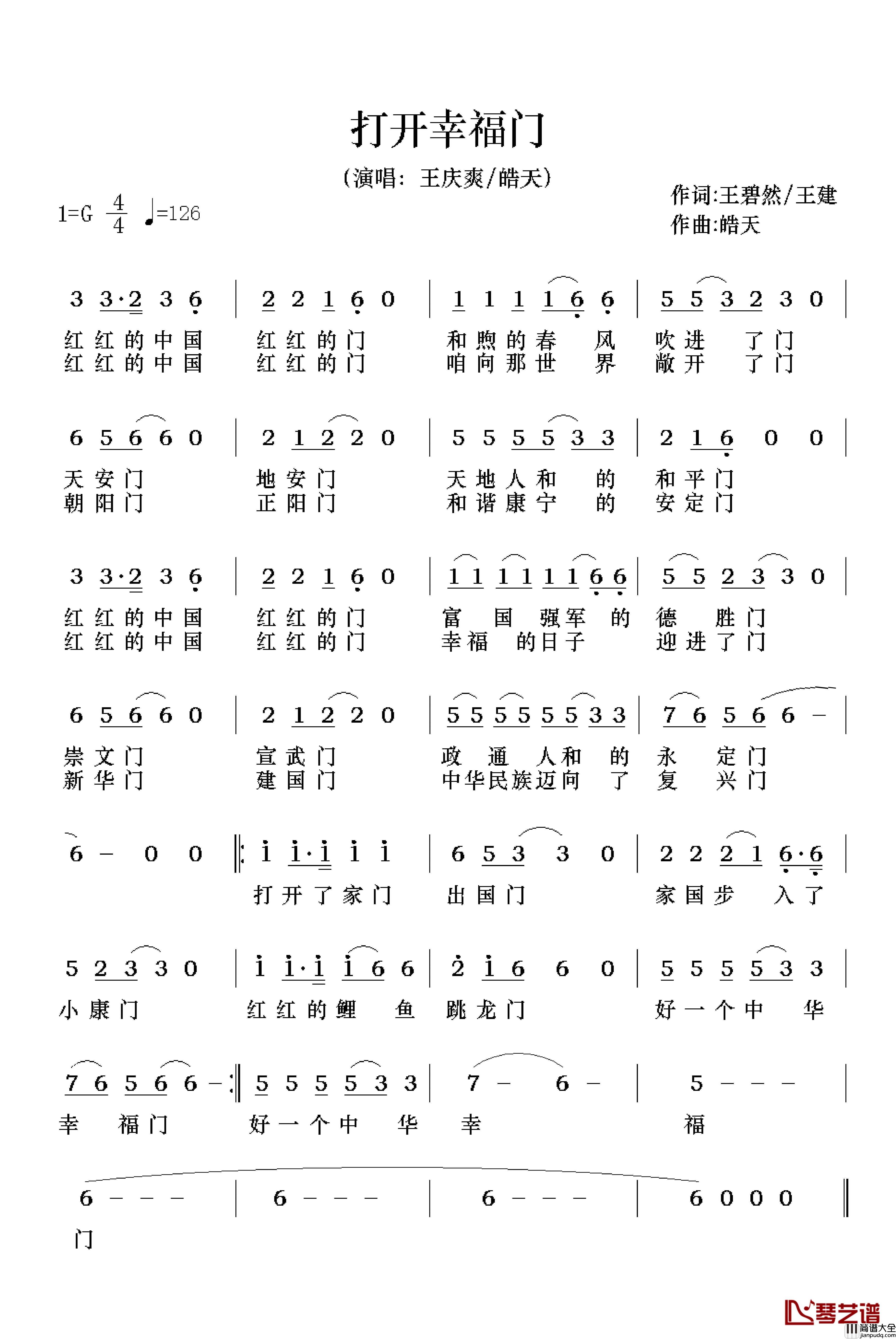 打开幸福门简谱_王碧然王建词/皓天曲王庆爽皓天_