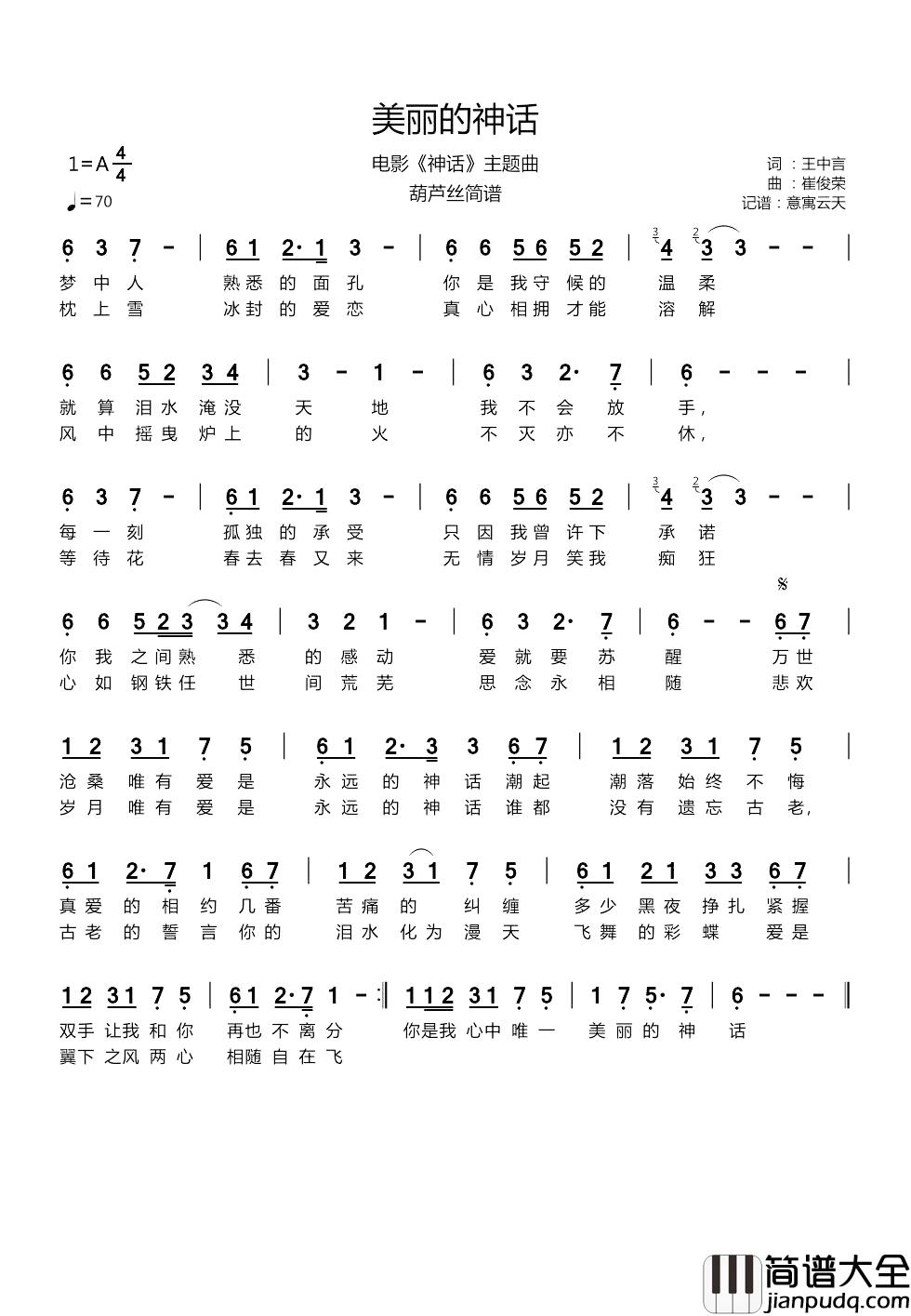 美丽的神话简谱_金喜善/成龙演唱_电影_神话_主题曲