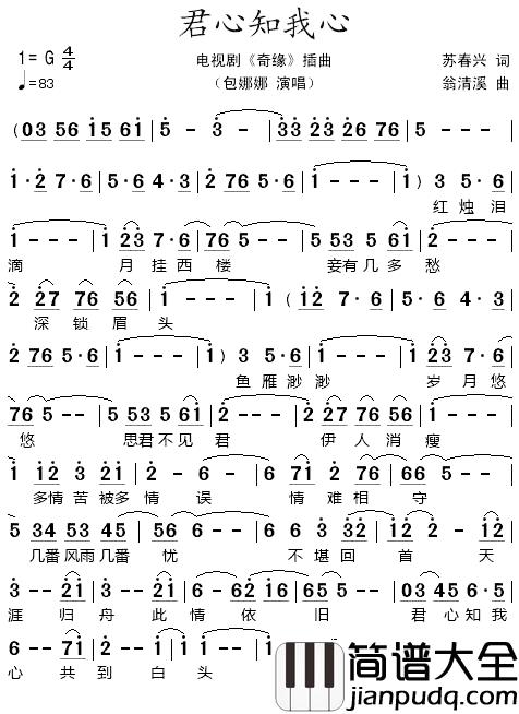 君心知我心简谱_包娜娜演唱_电视剧_奇缘_插曲