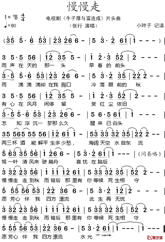 慢慢走简谱_张行演唱_电影剧_牛子厚与富连成_片头曲