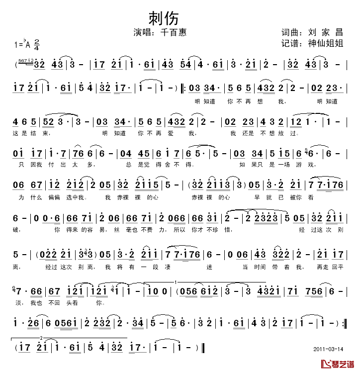刺伤简谱_刘家昌词/刘家昌曲千百惠_