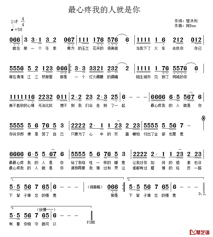 最心疼我的人就是你简谱_楚洪利词/阿ben曲