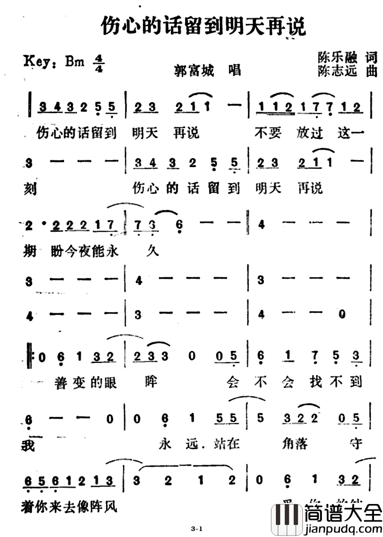 伤心的话留到明天再说简谱_陈乐融词/陈志远曲郭富城_
